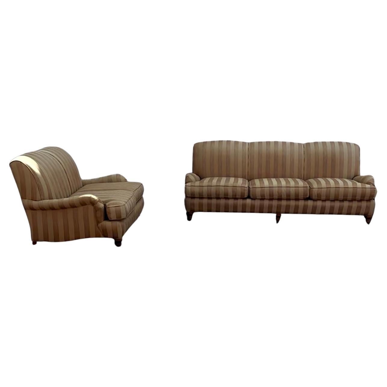 1990s Lee Industries Stripped Gold Beige English Style Sofa on Castors, Set of 2