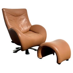 1990s Post Modern Leolux Leather Sculptural Swivel Chair and Ottoman, Set of 2