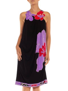 1990S LEONARD Black & Purple Jersey Sexy Draped Dress With Floral Appliqué Stra