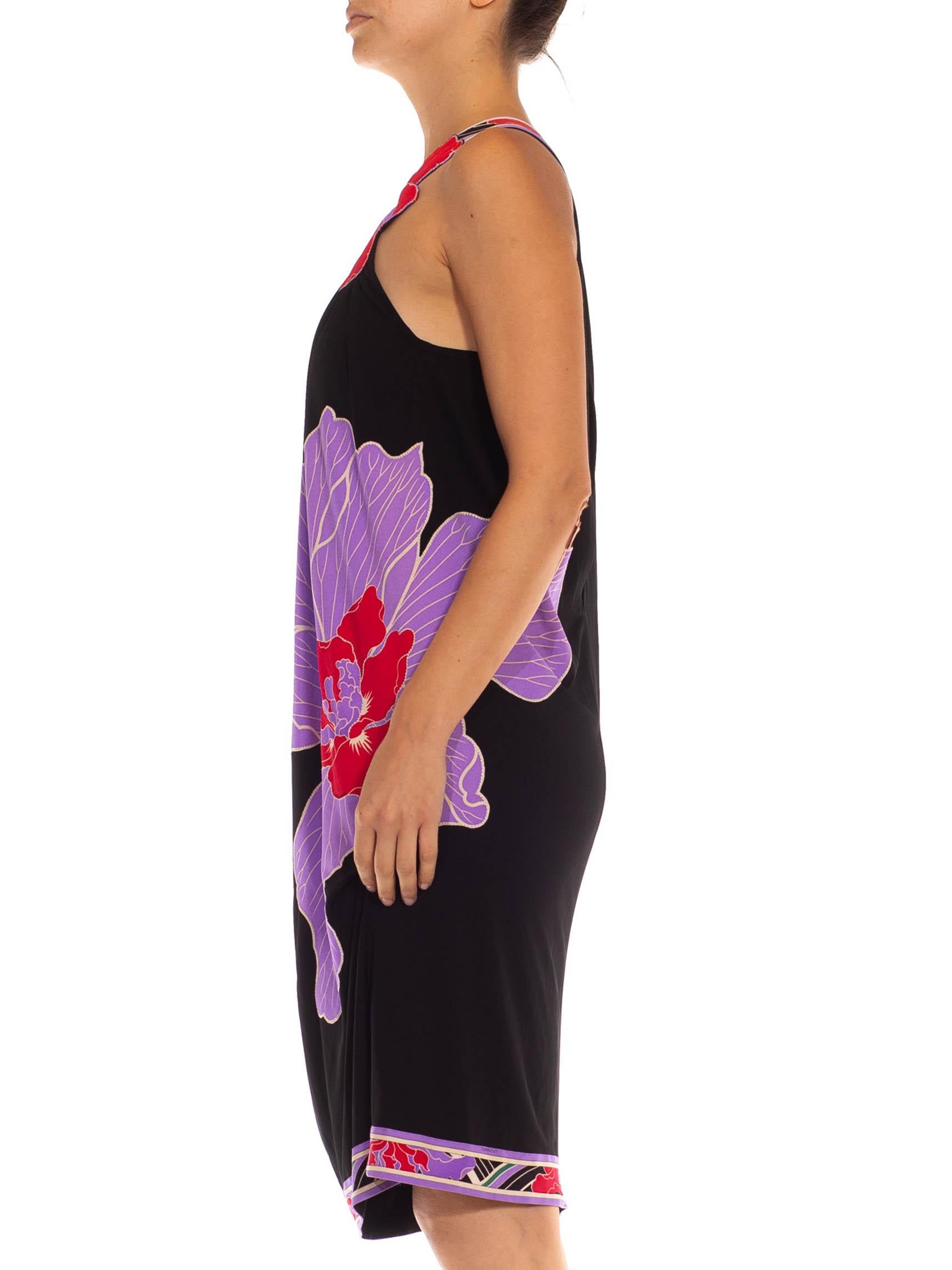 Pink 1990S LEONARD Black & Purple Jersey Sexy Draped Dress With Floral Appliqué Stra For Sale