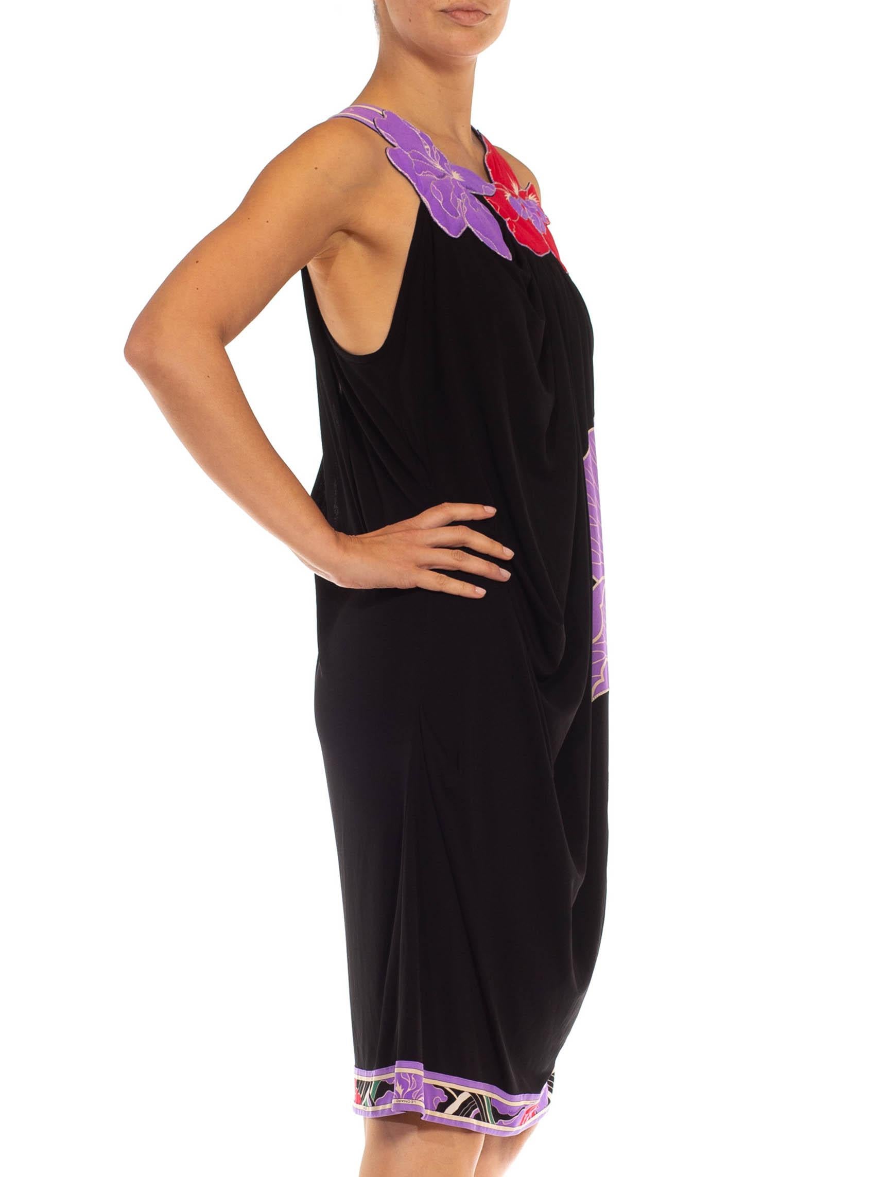 1990S LEONARD Black & Purple Jersey Sexy Draped Dress With Floral Appliqué Stra In Excellent Condition For Sale In New York, NY