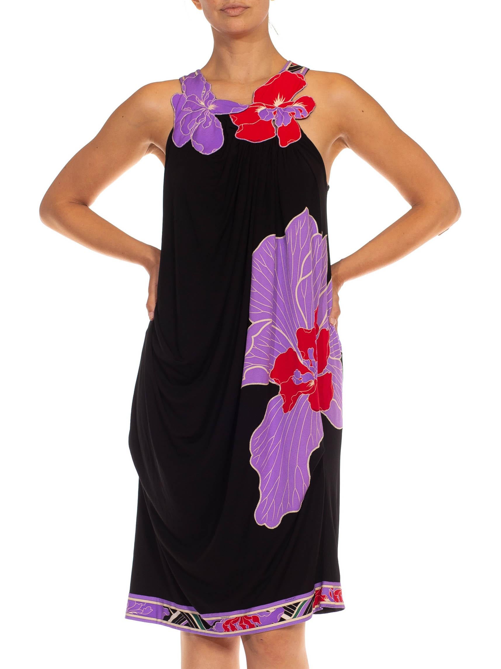 Women's 1990S LEONARD Black & Purple Jersey Sexy Draped Dress With Floral Appliqué Stra For Sale