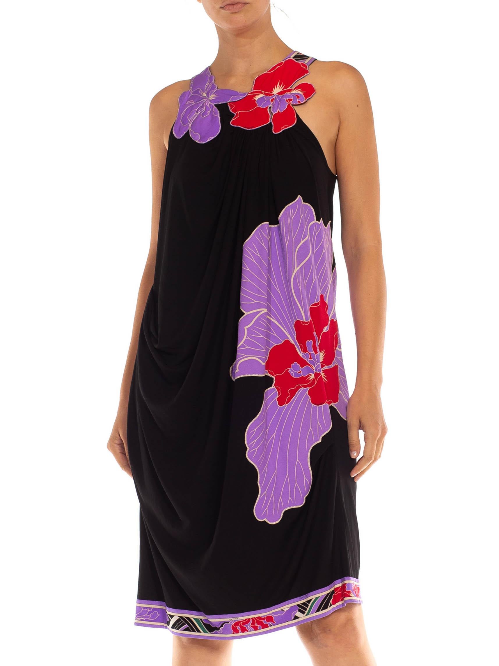 1990S LEONARD Black & Purple Jersey Sexy Draped Dress With Floral Appliqué Stra For Sale 1
