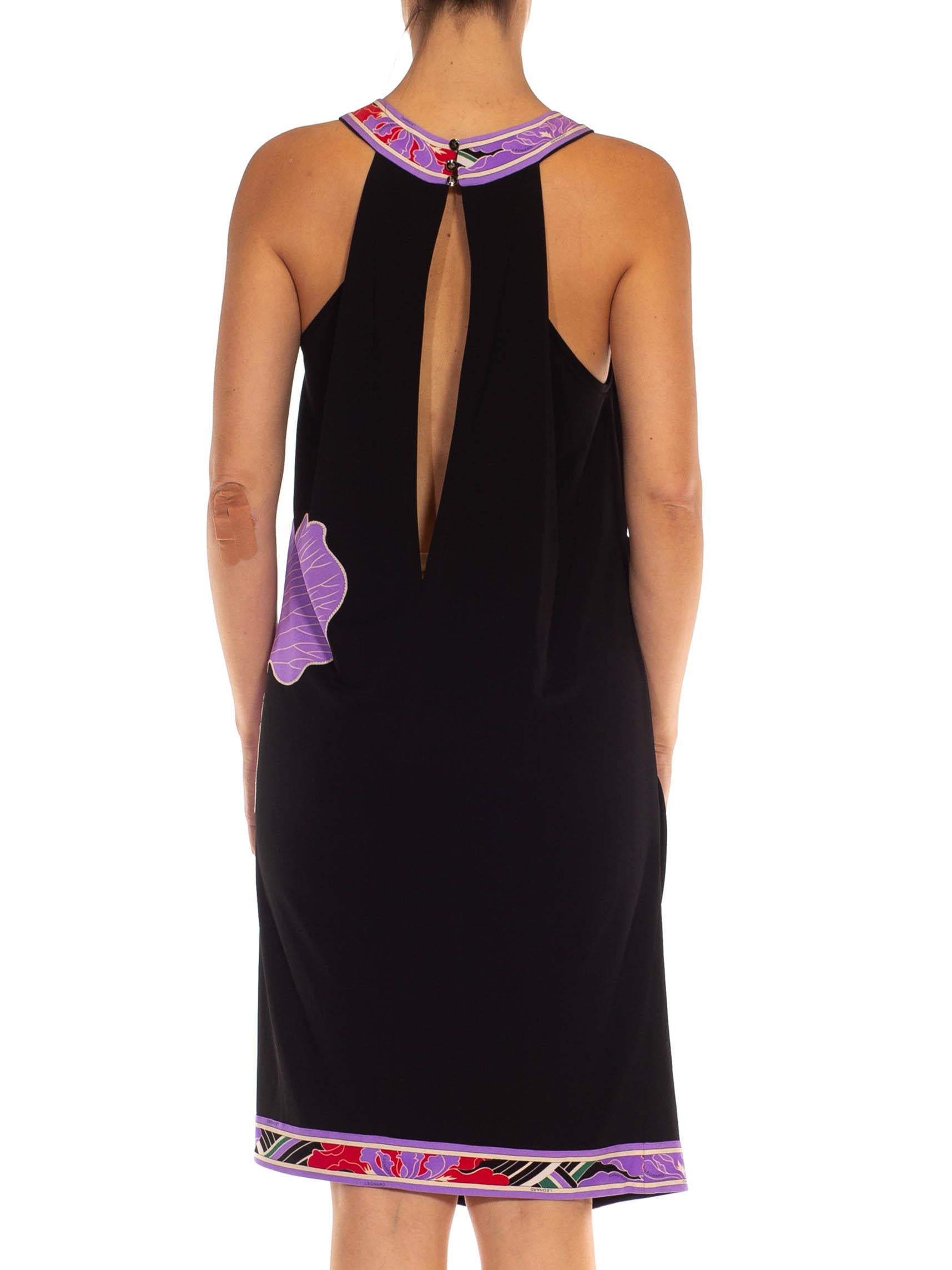 1990S LEONARD Black & Purple Jersey Sexy Draped Dress With Floral Appliqué Stra For Sale 3