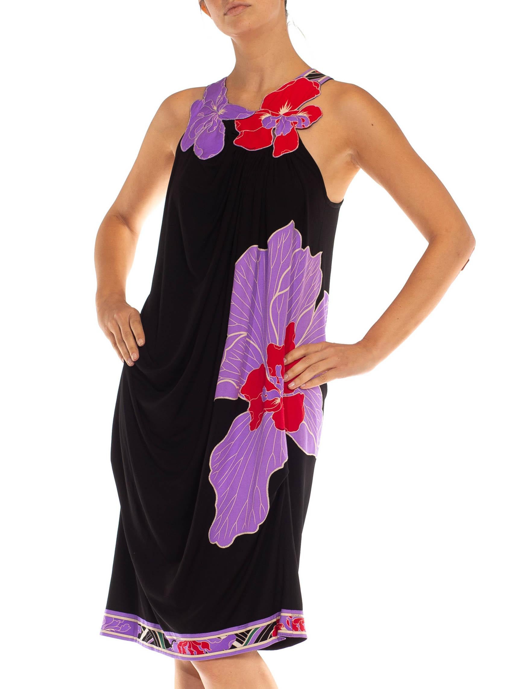 1990S LEONARD Black & Purple Jersey Sexy Draped Dress With Floral Appliqué Stra For Sale 4