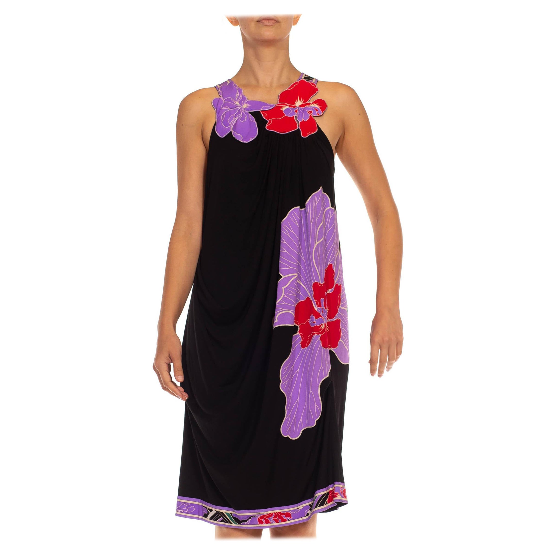 LEONARD - Robe drapée sexy en jersey noir et violet avec bretelle à appliques florales, années 1990 en vente