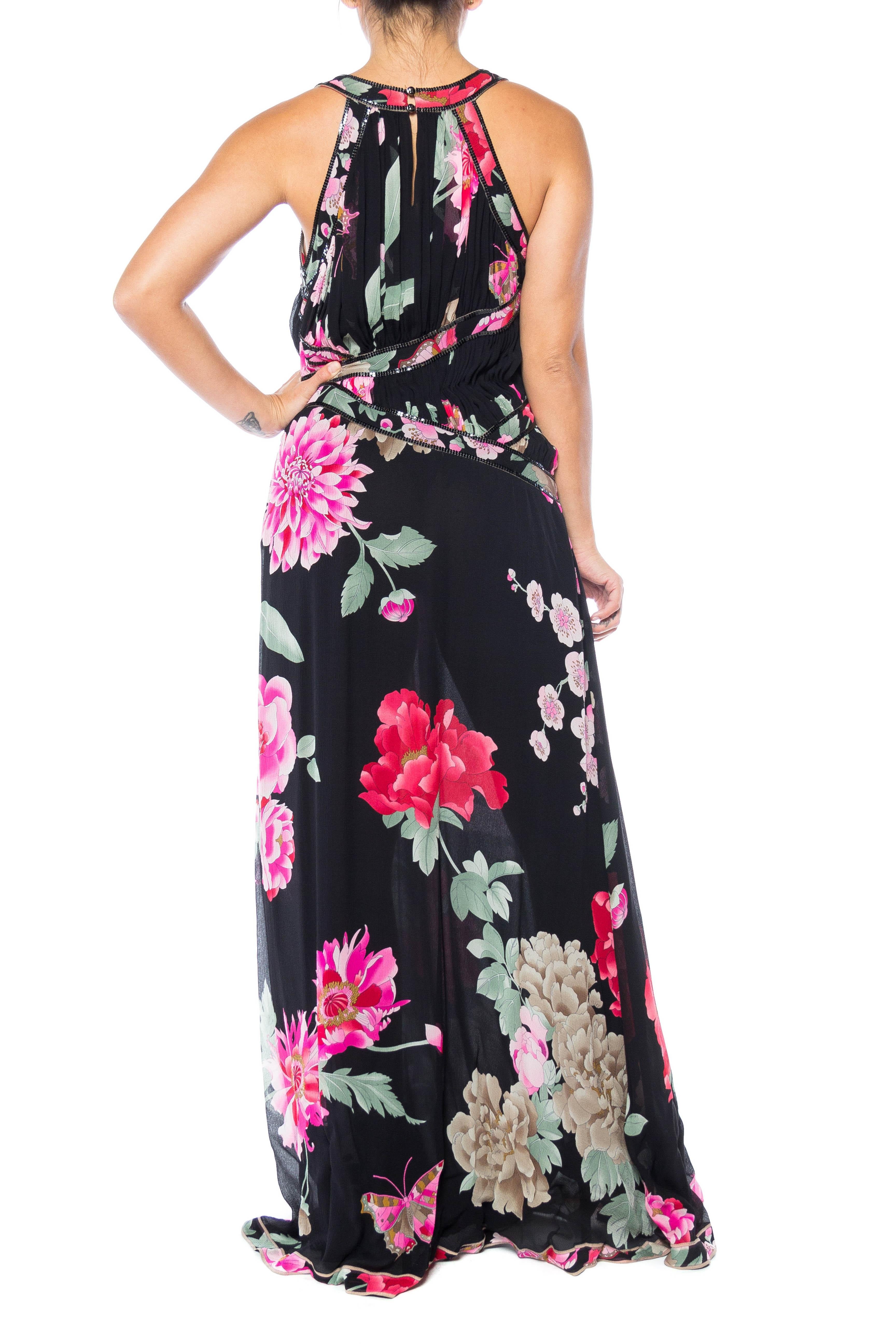 1990S LEONARD Pink & Black Silk Chiffon Tropical Floral Gown With Metal Mesh Trim