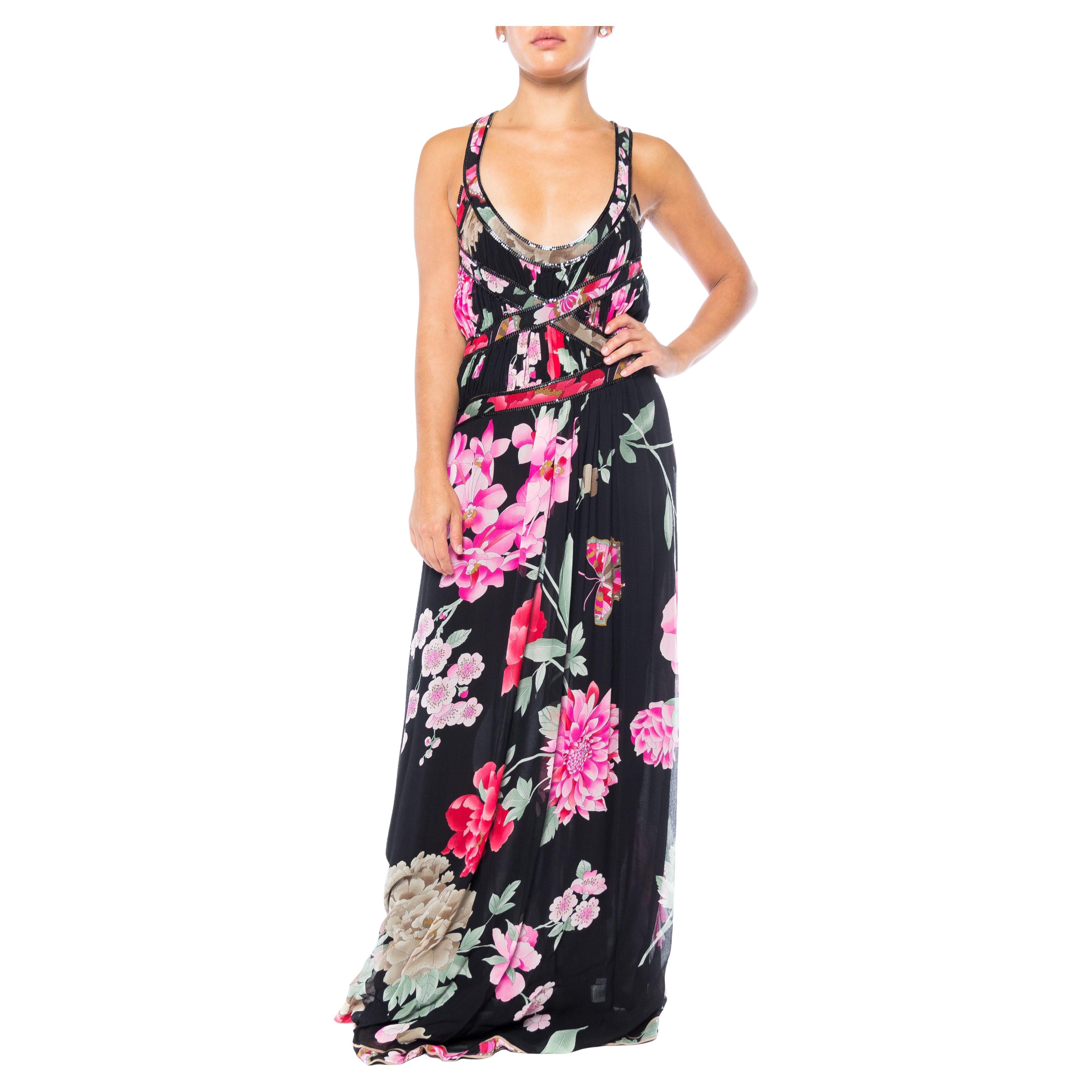 1990S LEONARD Pink & Black Silk Chiffon Tropical Floral Gown With Metal Mesh Tr