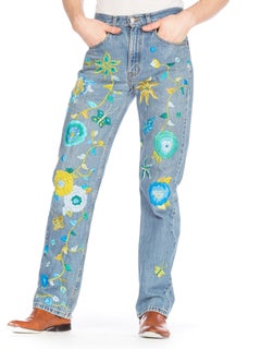 1990S LEVIS Blue  & Yellow Men's Hippie Boho Floral Embroidered Jeans