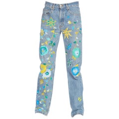 Vintage 1990S LEVIS Blue  & Yellow Men's Hippie Boho Floral Embroidered Jeans