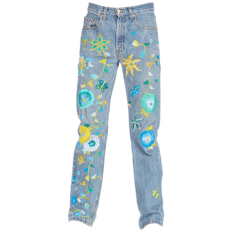1990S LEVIS Blue and Yellow Men's Hippie Boho Floral Embroidered Jeans at  1stDibs