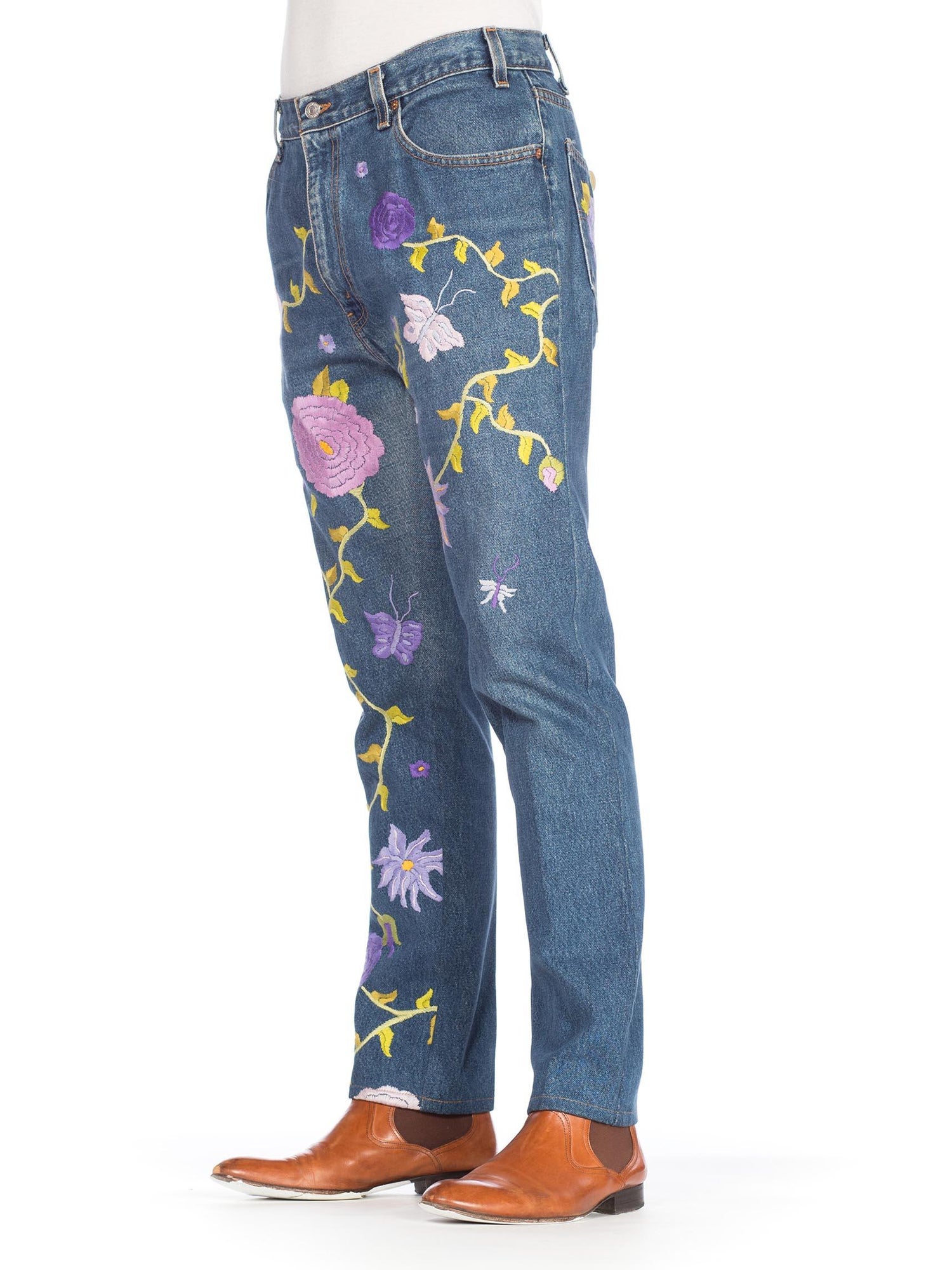 1990S LEVIS Men's Hippie Boho Floral Embroidered Jeans at 1stDibs