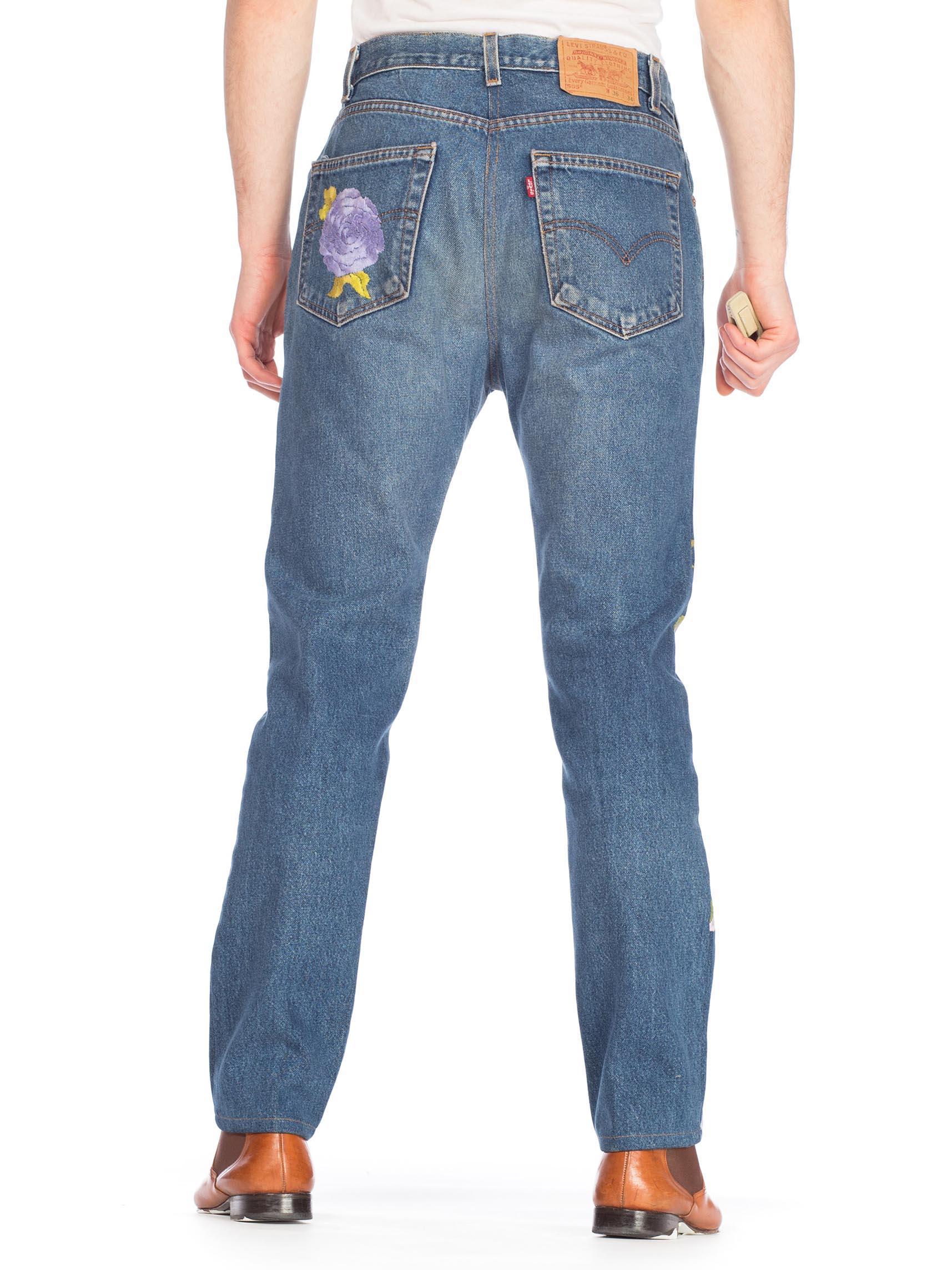 1990S LEVIS Men's Hippie Boho Floral Embroidered Jeans In Excellent Condition In New York, NY