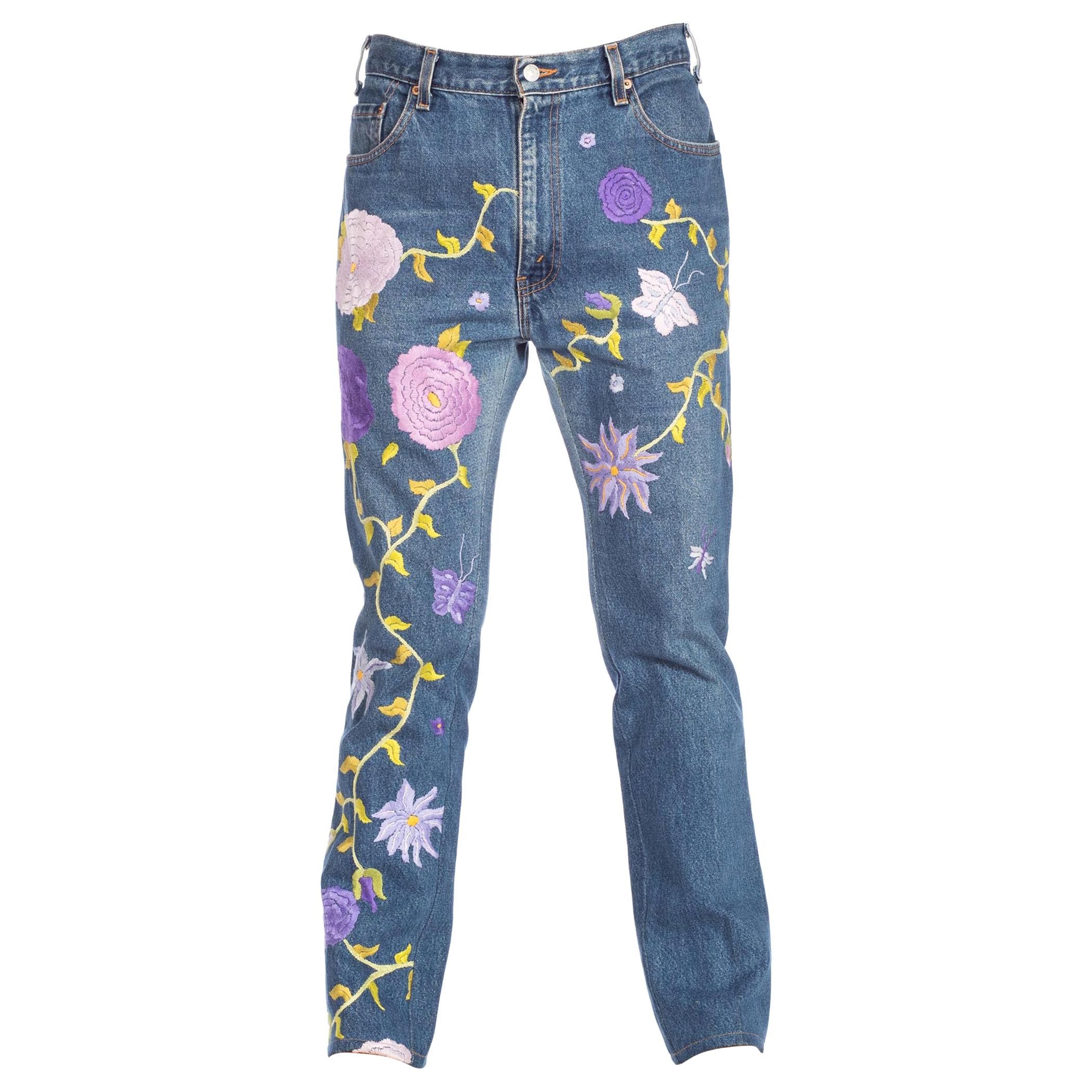 1990S LEVIS Men's Hippie Boho Floral Embroidered Jeans
