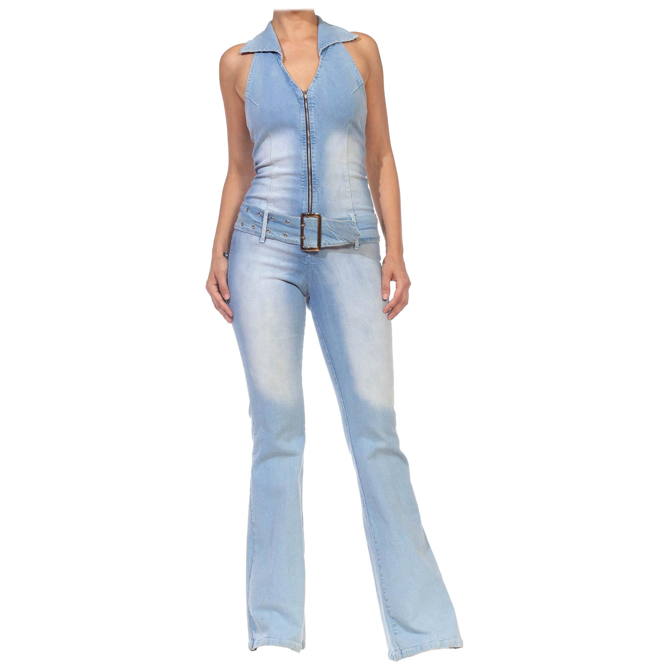 1990S Light Blue Cotton/Lycra Denim Strappy Back Halter Neck Jumpsuit With Belt