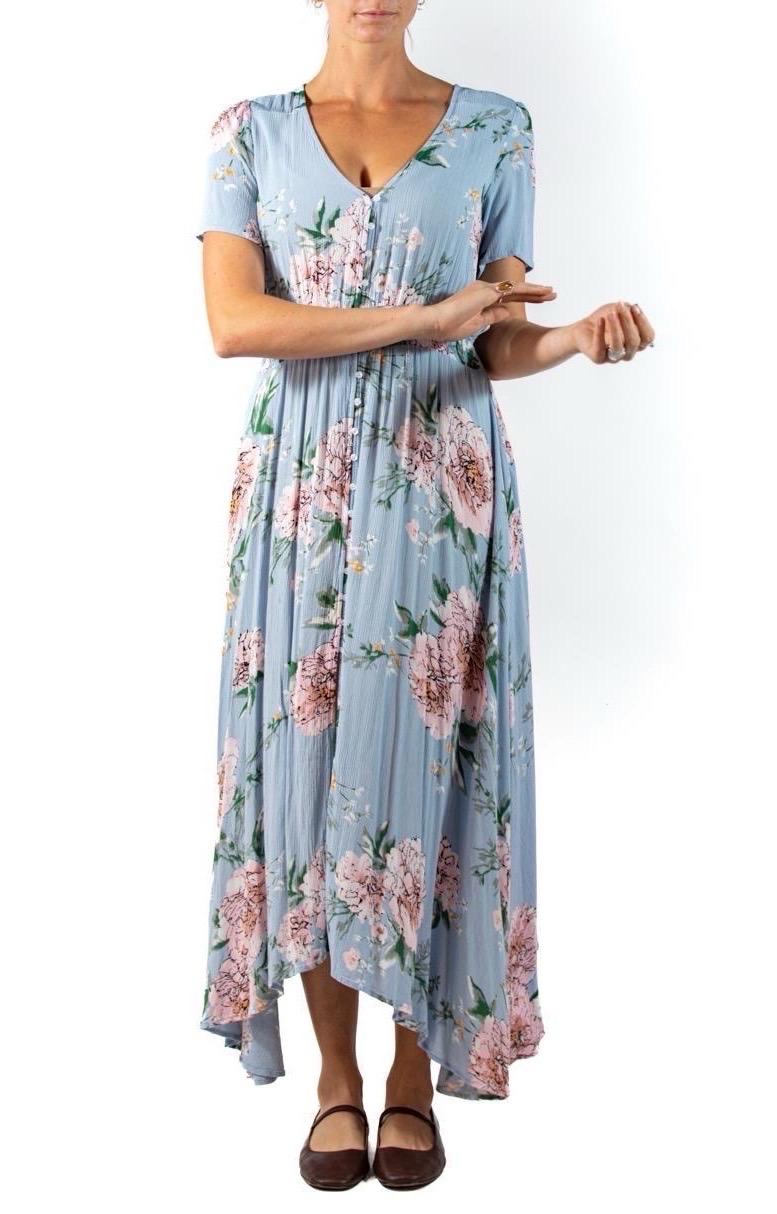 Women's 1990S Light Blue Floral Rayon Crinkle Crepe 1940S Style Dress For Sale
