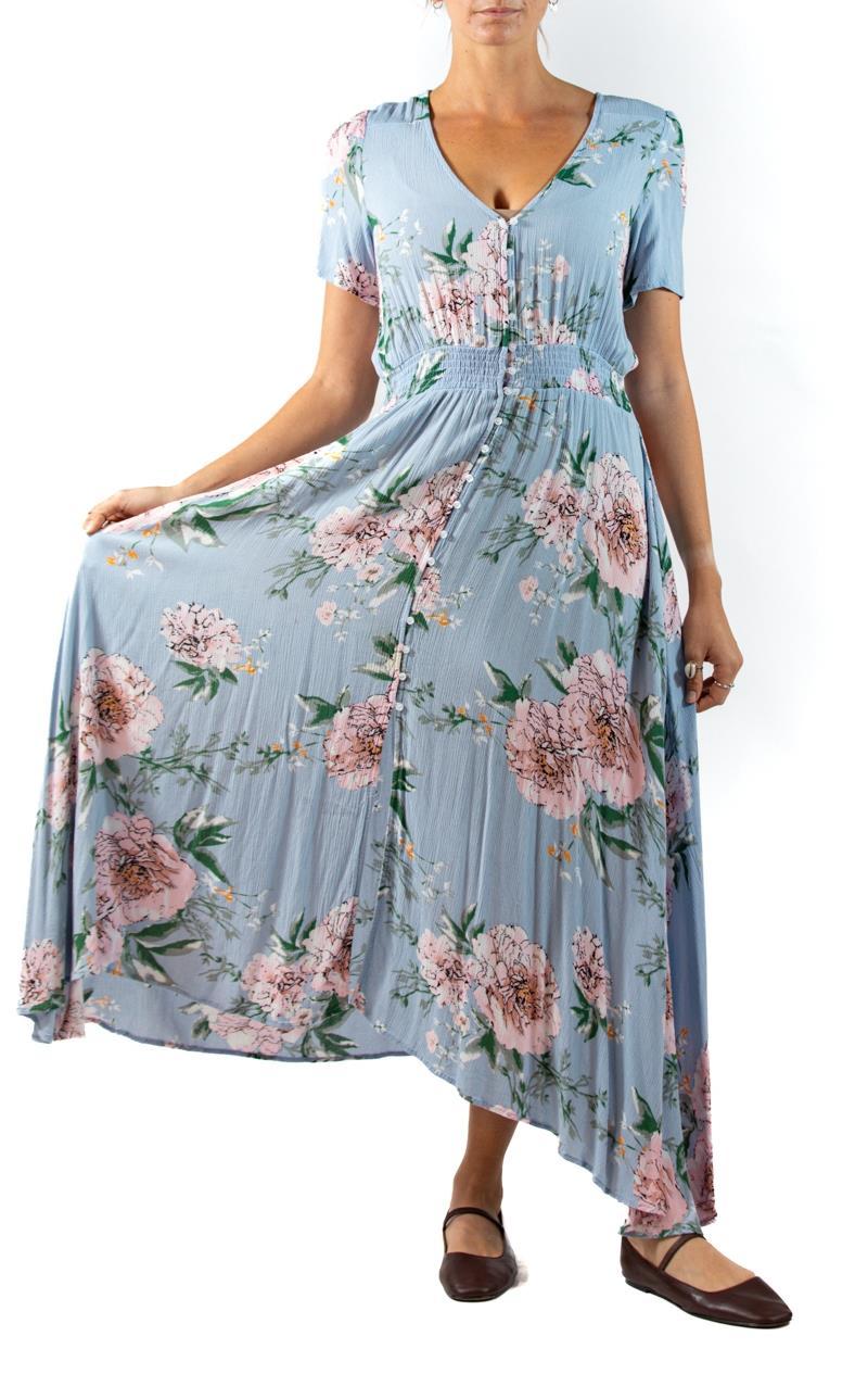 1990S Light Blue Floral Rayon Crinkle Crepe 1940S Style Dress For Sale 2
