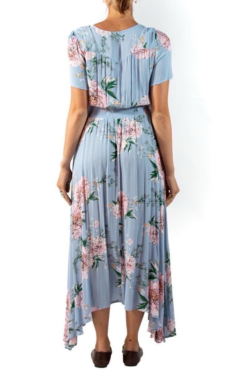 1990S Light Blue Floral Rayon Crinkle Crepe 1940S Style Dress For Sale 2