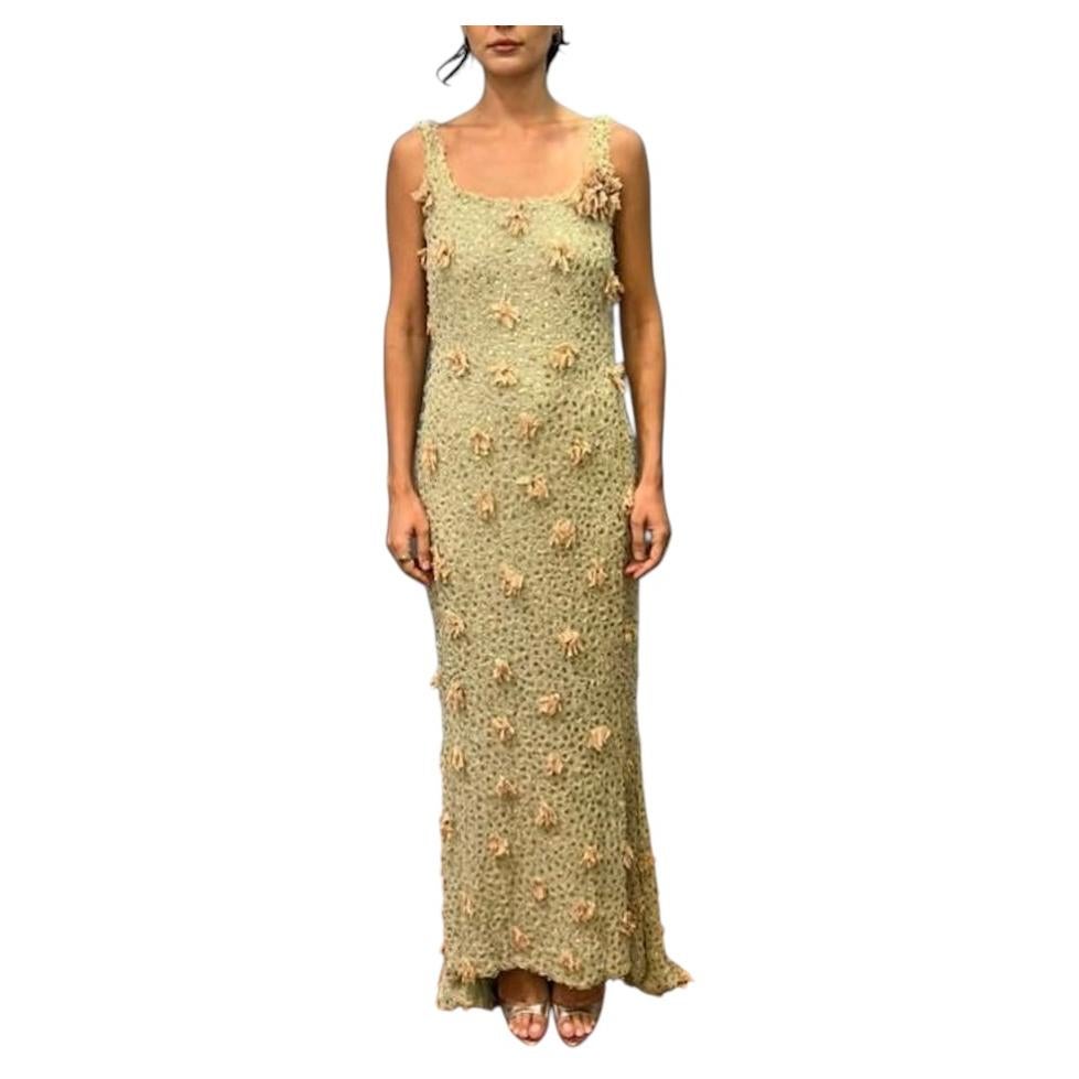 1990s Light Green & Beige Silk Chiffon Lined Dress with Metal Sequins & Train