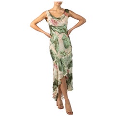 1990S Light Green Bias Cut Rayon & Silk Burnout Chiffon Beaded Dress