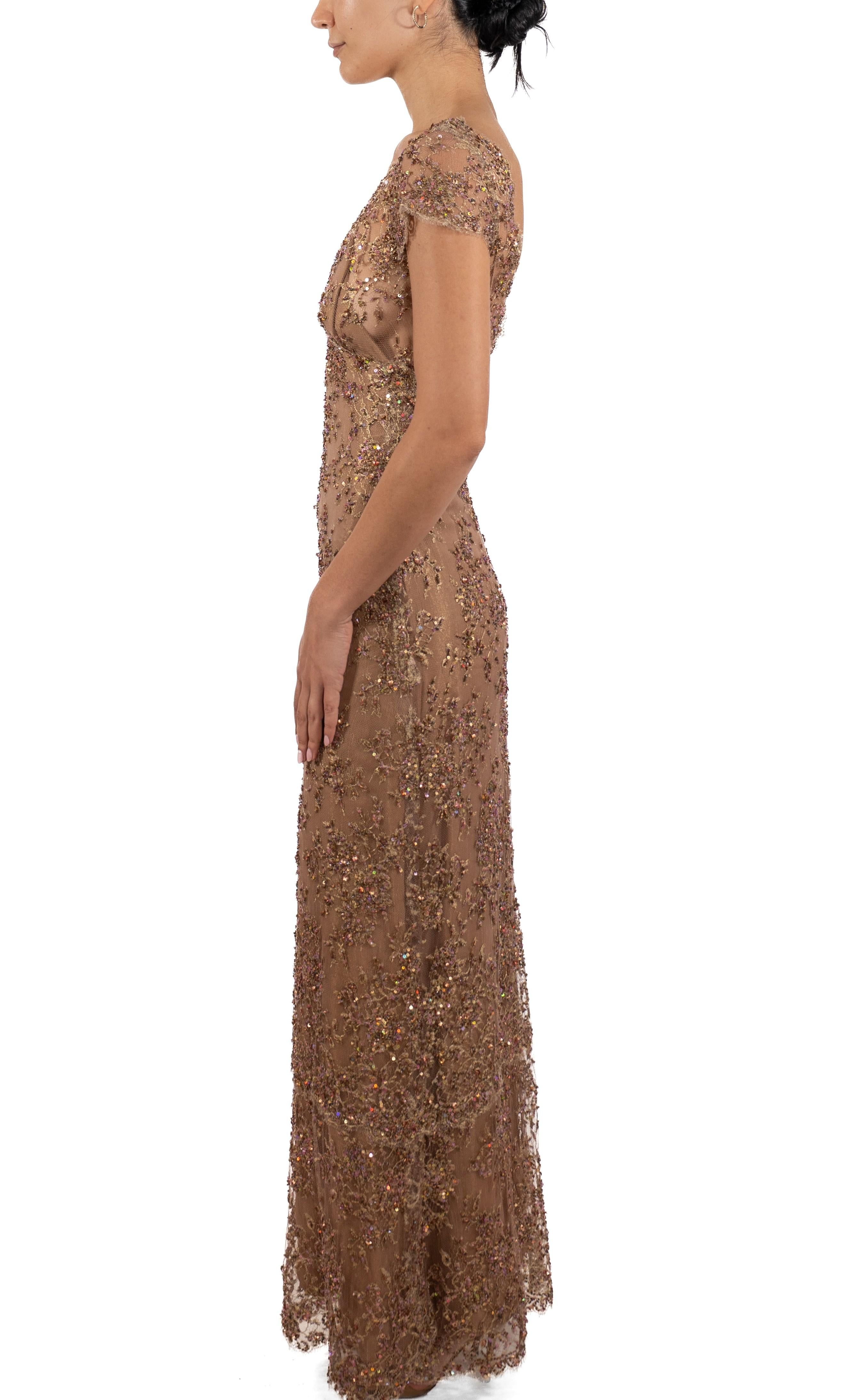 1990S Light Mocha Brown Hand Beaded Rayon & Silk Chantilly Lace Gown With Short In Good Condition For Sale In New York, NY