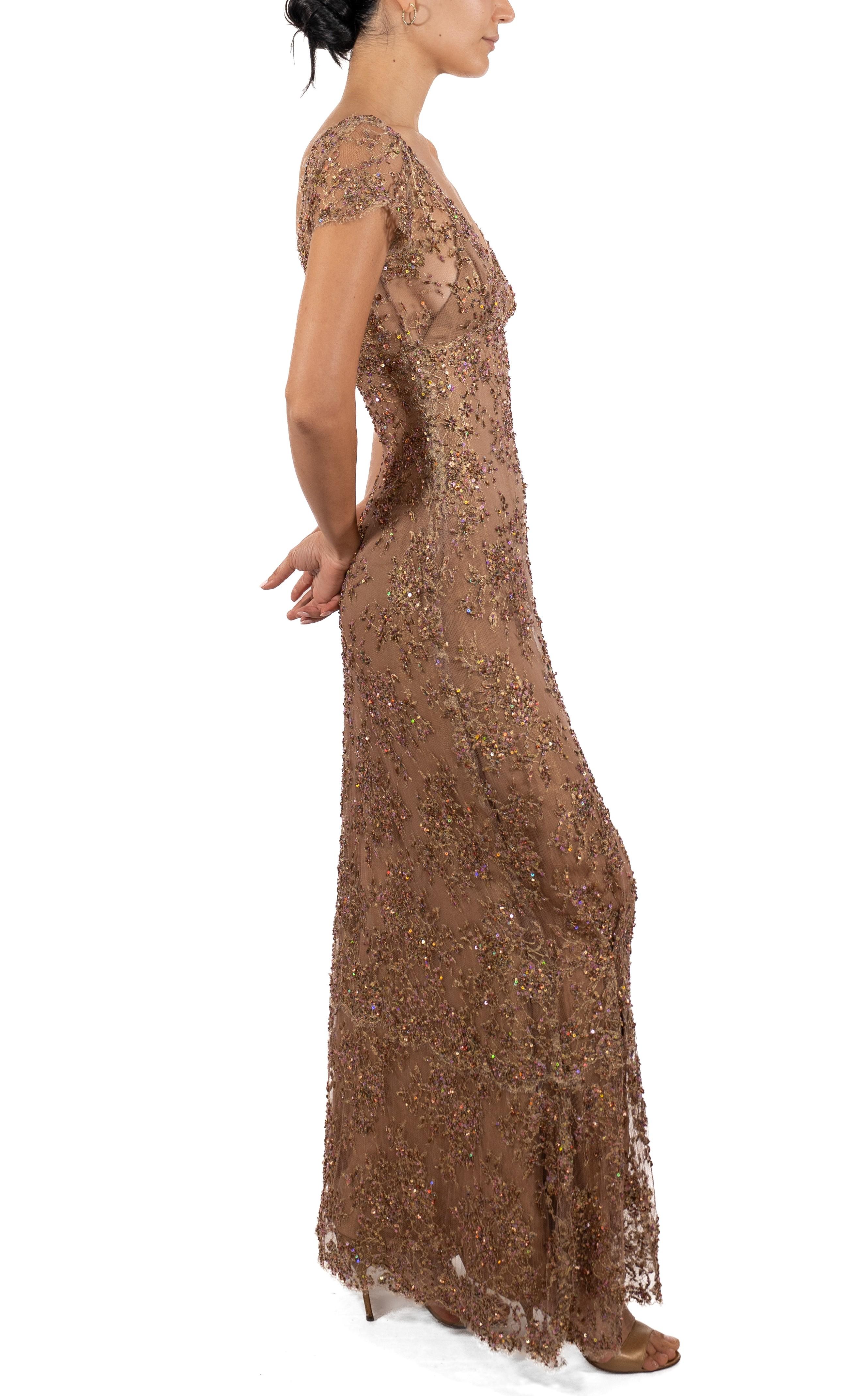 1990S Light Mocha Brown Hand Beaded Rayon & Silk Chantilly Lace Gown With Short For Sale 3