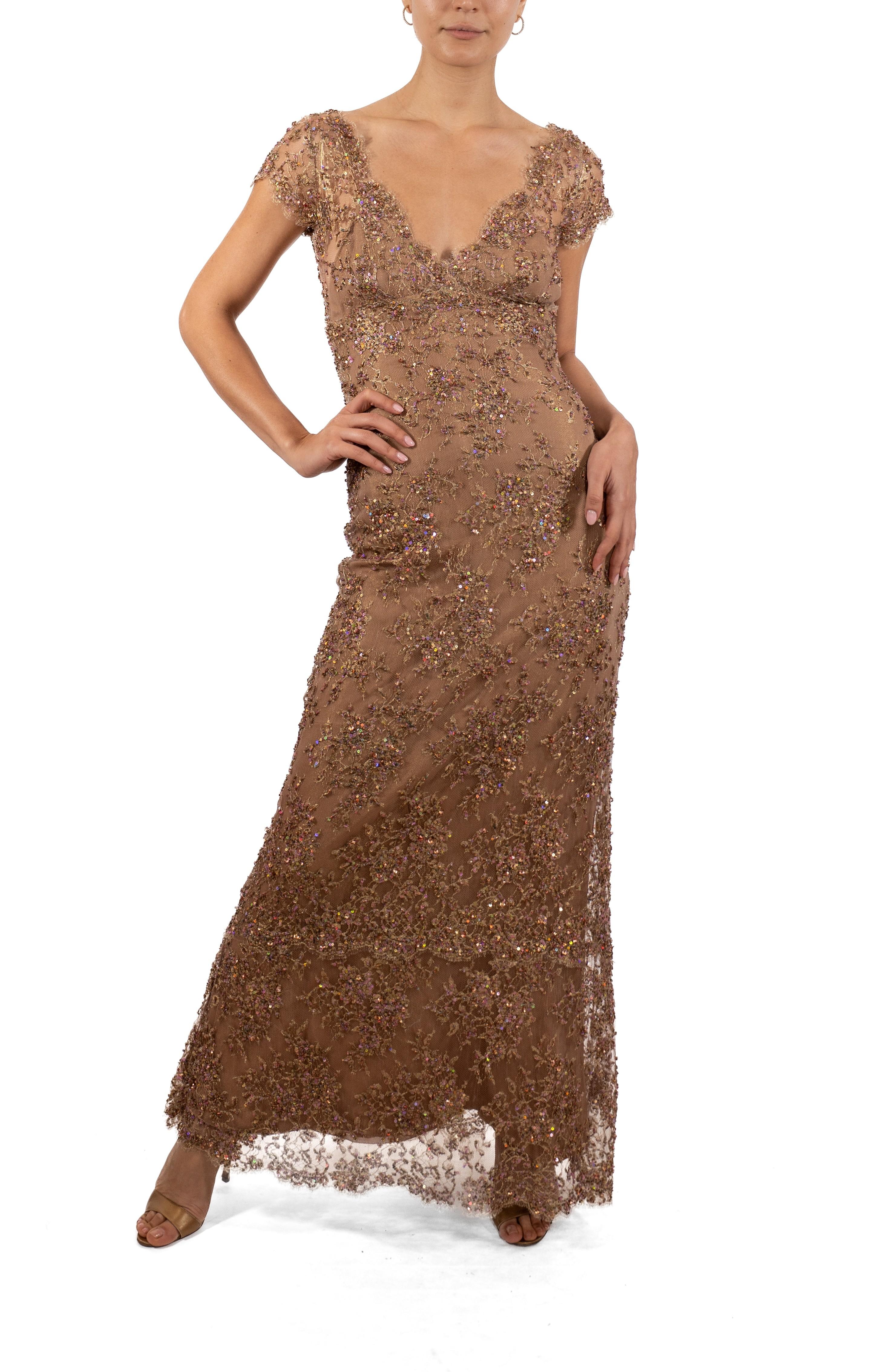 1990S Light Mocha Brown Hand Beaded Rayon & Silk Chantilly Lace Gown With Short For Sale 5