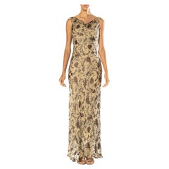1990S Light Moss Green Bias Cut Silk Chiffon Beaded Paisley Gown
