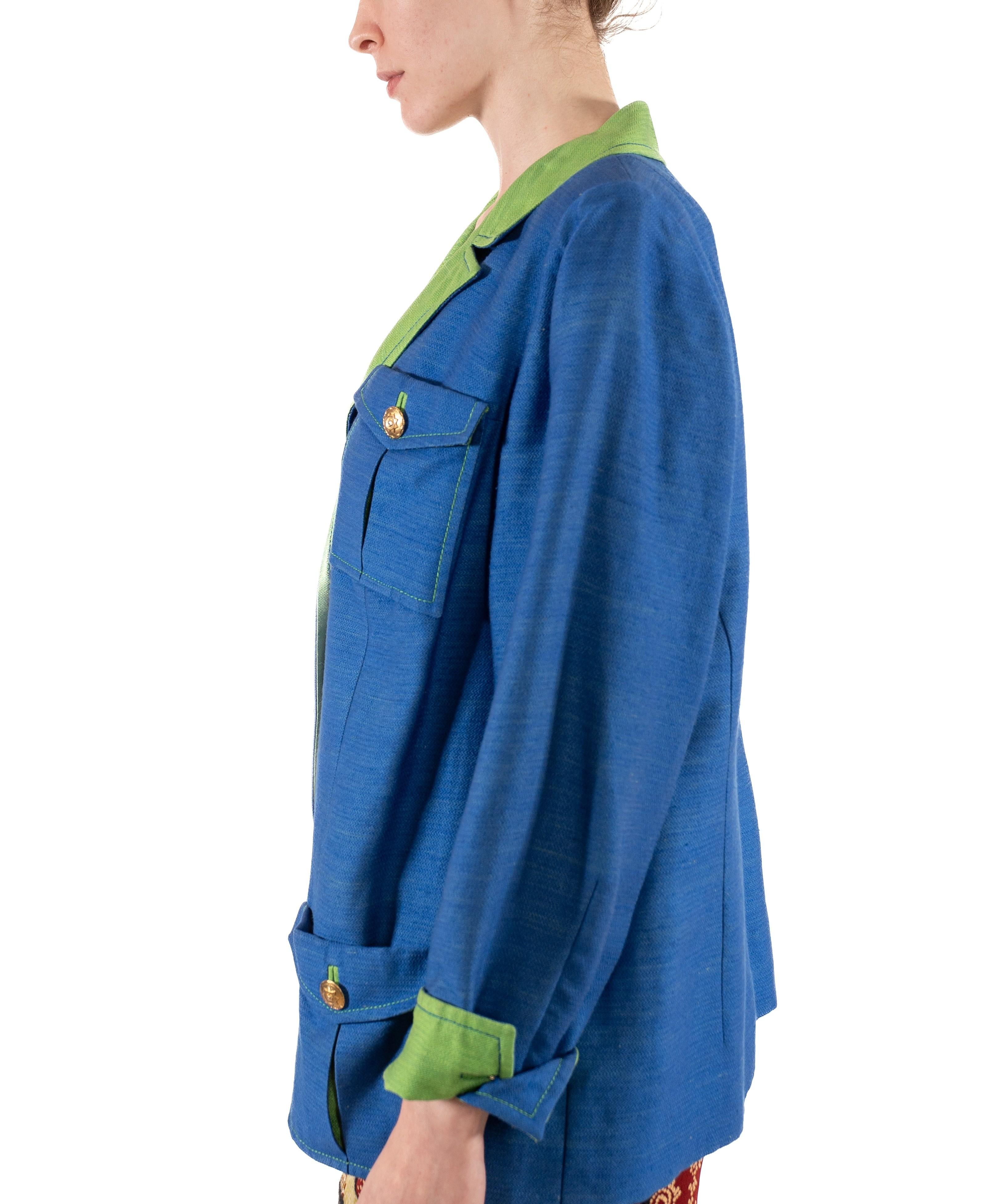 1990S Lime Green & Blue Linen Rayon Boxy Cut Nautical Blazer With Gold Buttons In Good Condition For Sale In New York, NY