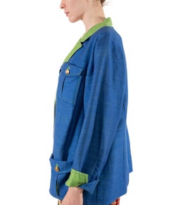 1990S Lime Green & Blue Linen Rayon Boxy Cut Nautical Blazer With Gold Buttons