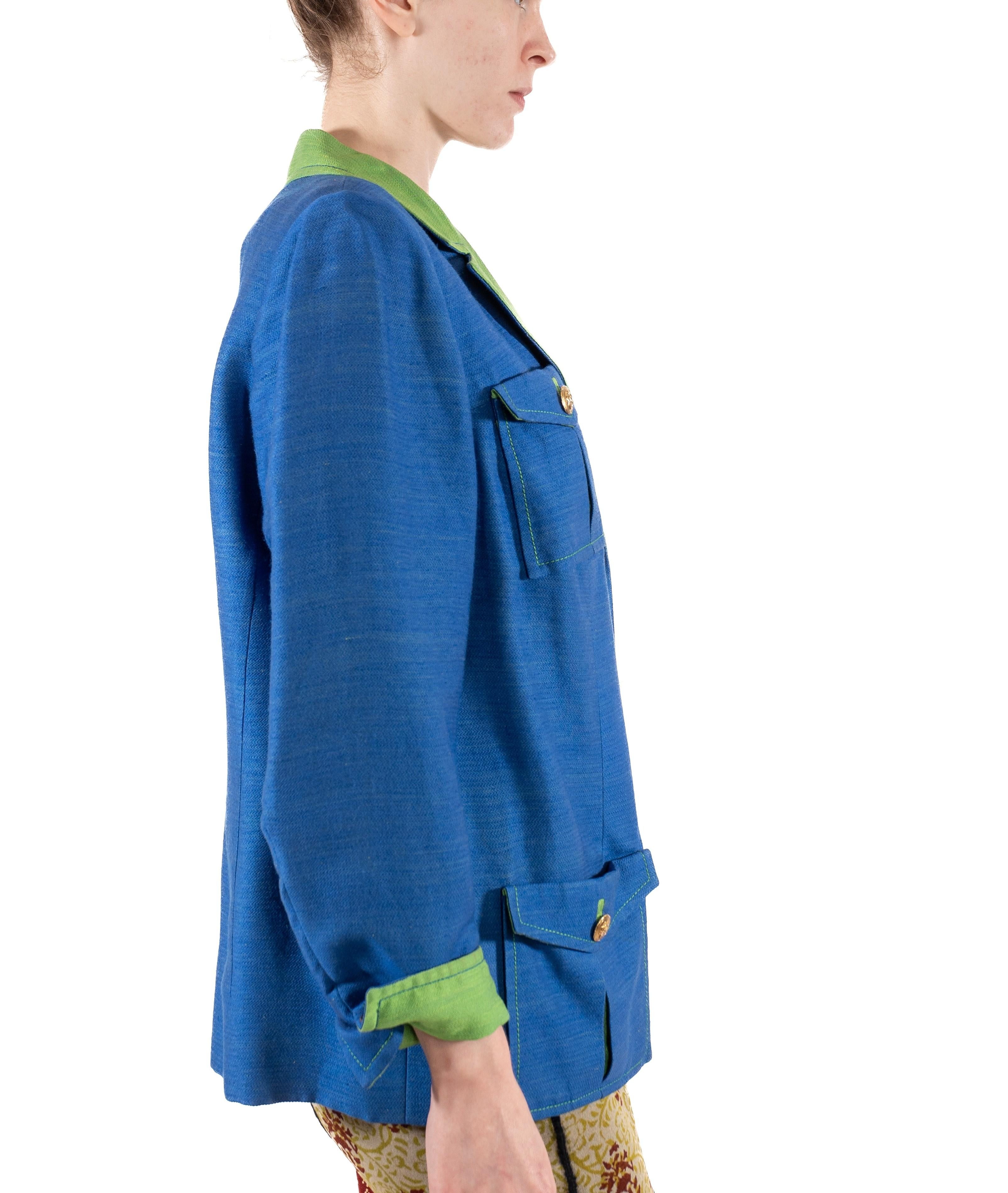 1990S Lime Green & Blue Linen Rayon Boxy Cut Nautical Blazer With Gold Buttons For Sale 1