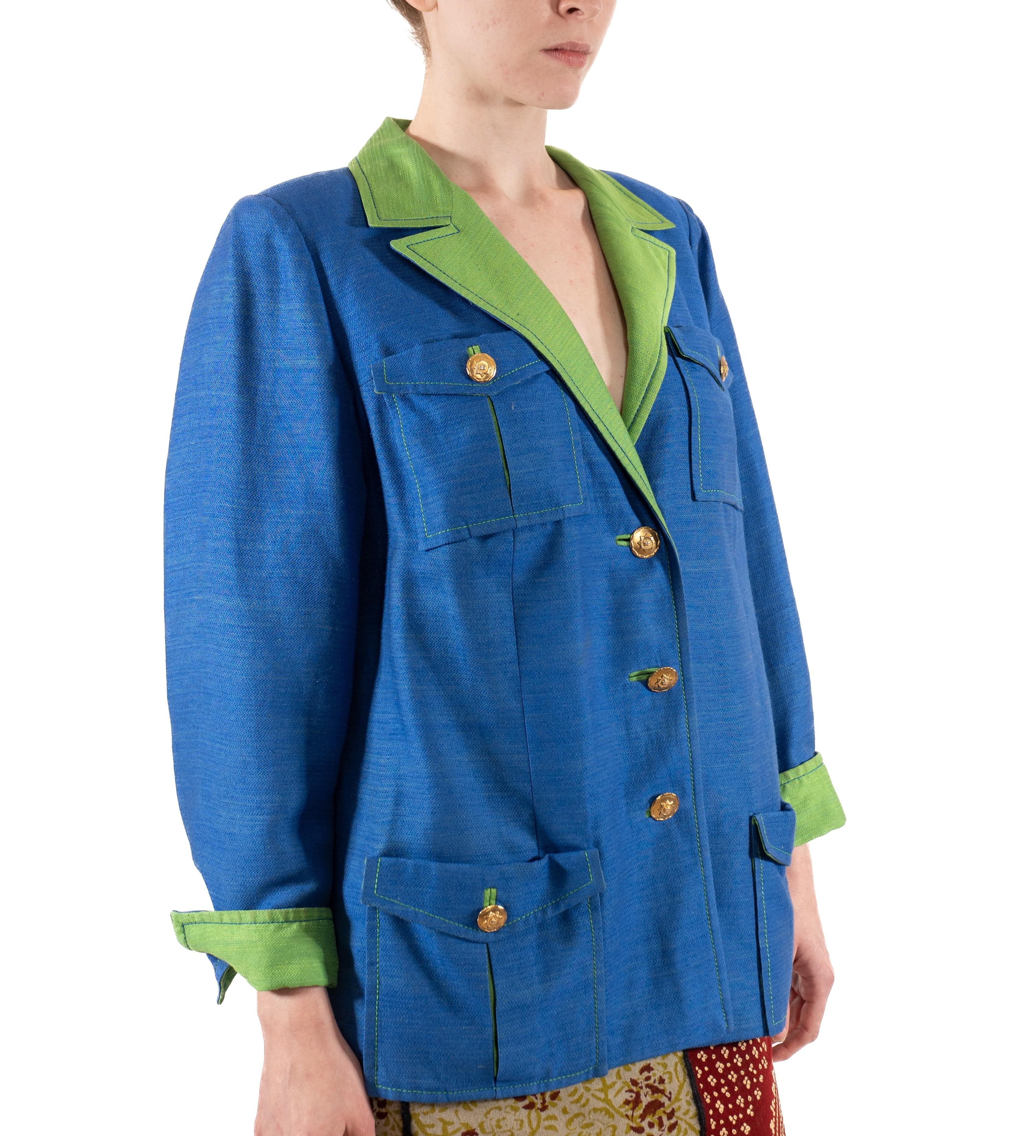 1990S Lime Green & Blue Linen Rayon Boxy Cut Nautical Blazer With Gold Buttons For Sale 2