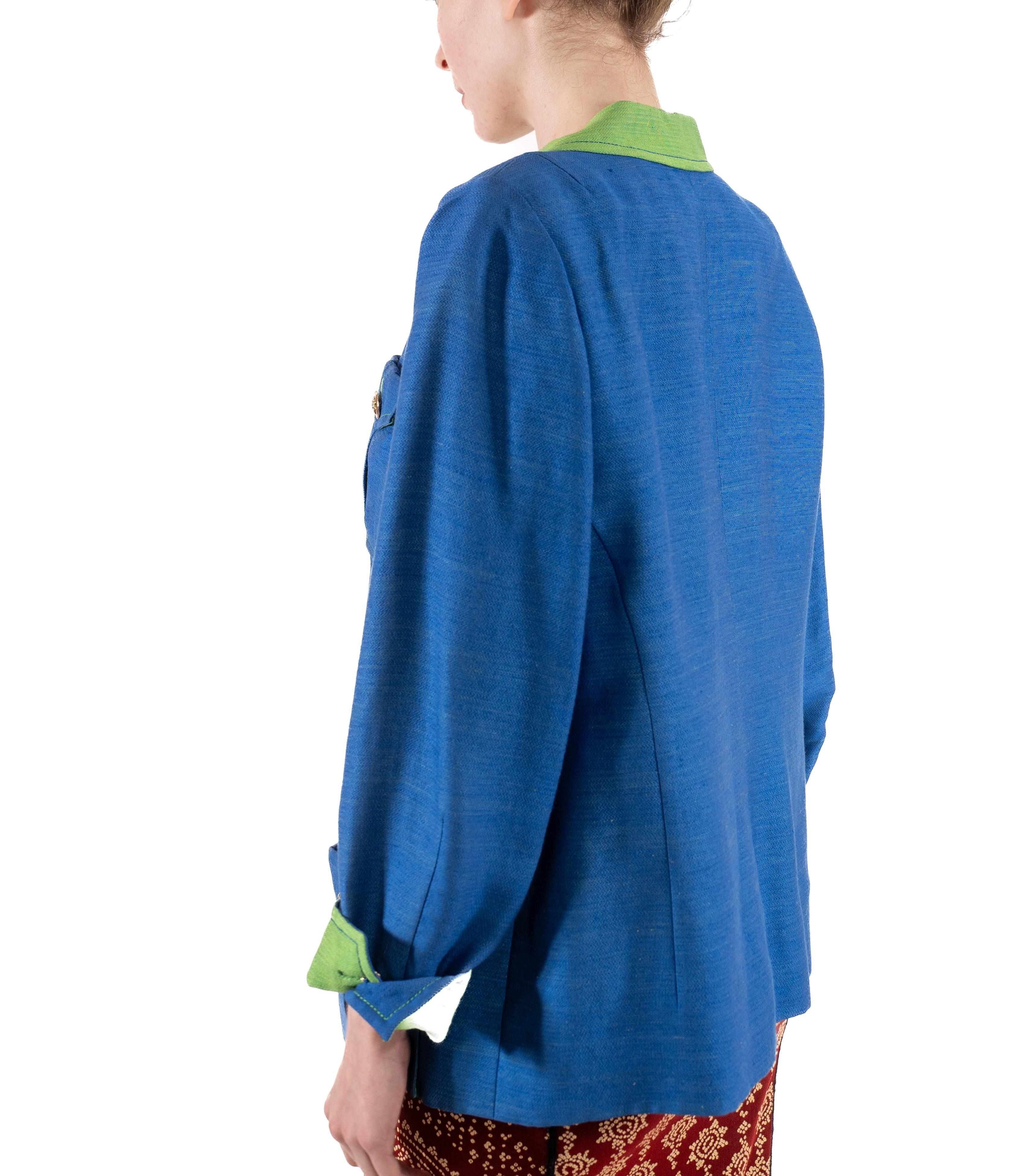 1990S Lime Green & Blue Linen Rayon Boxy Cut Nautical Blazer With Gold Buttons For Sale 3