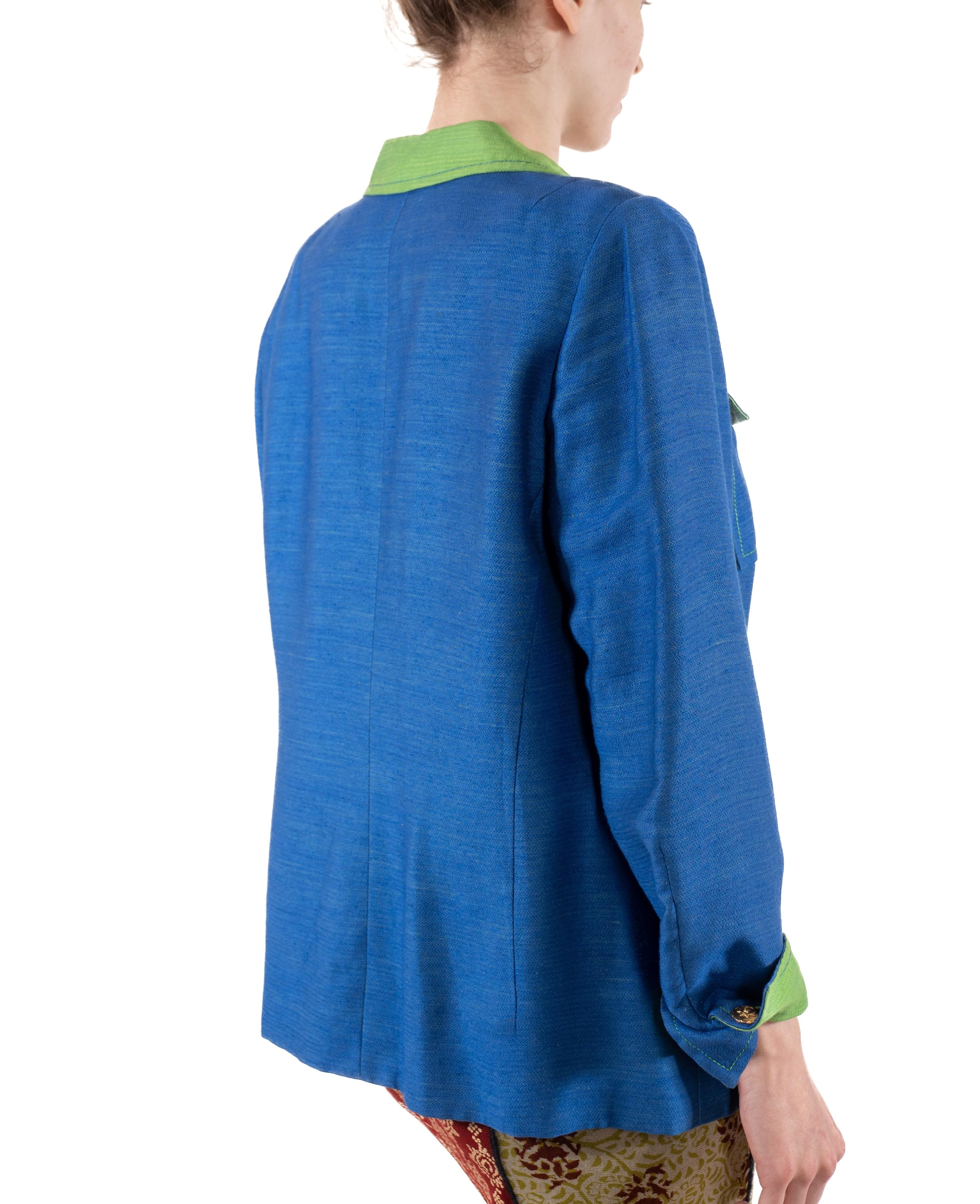 1990S Lime Green & Blue Linen Rayon Boxy Cut Nautical Blazer With Gold Buttons For Sale 4