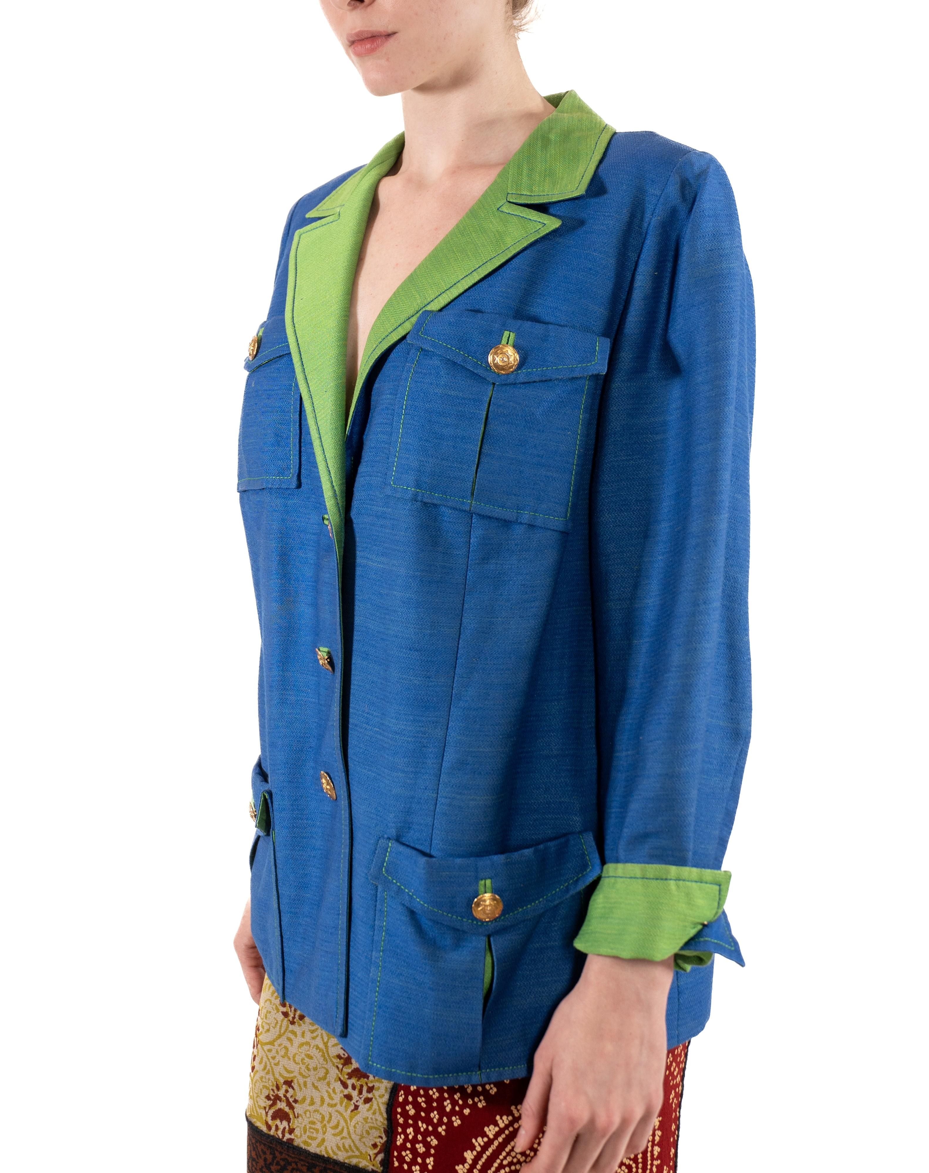 1990S Lime Green & Blue Linen Rayon Boxy Cut Nautical Blazer With Gold Buttons For Sale 5