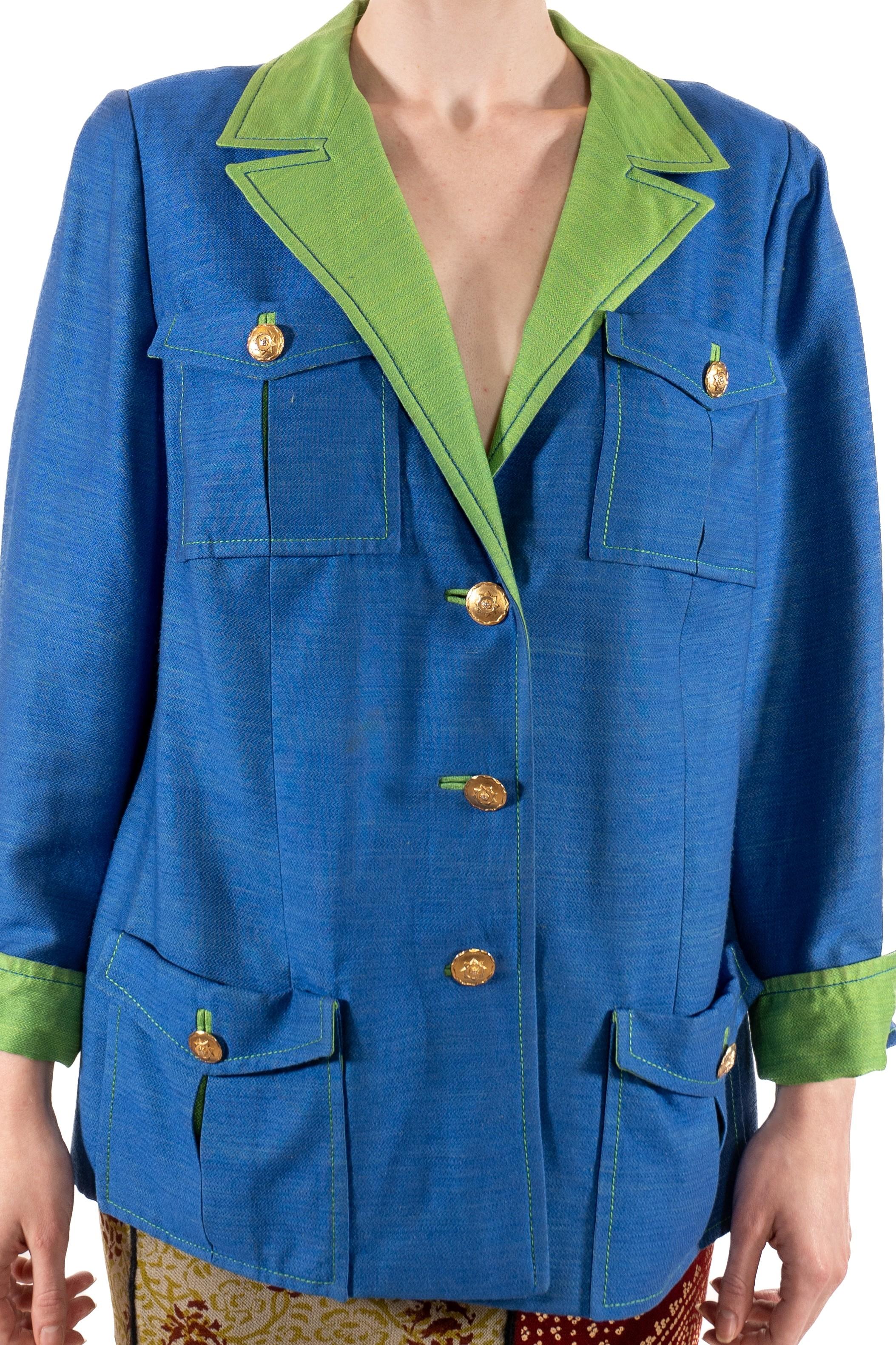 1990S Lime Green & Blue Linen Rayon Boxy Cut Nautical Blazer With Gold Buttons For Sale 6