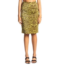 1990S Lime Green Leopard Print Cotton Sateen Pencil Skirt