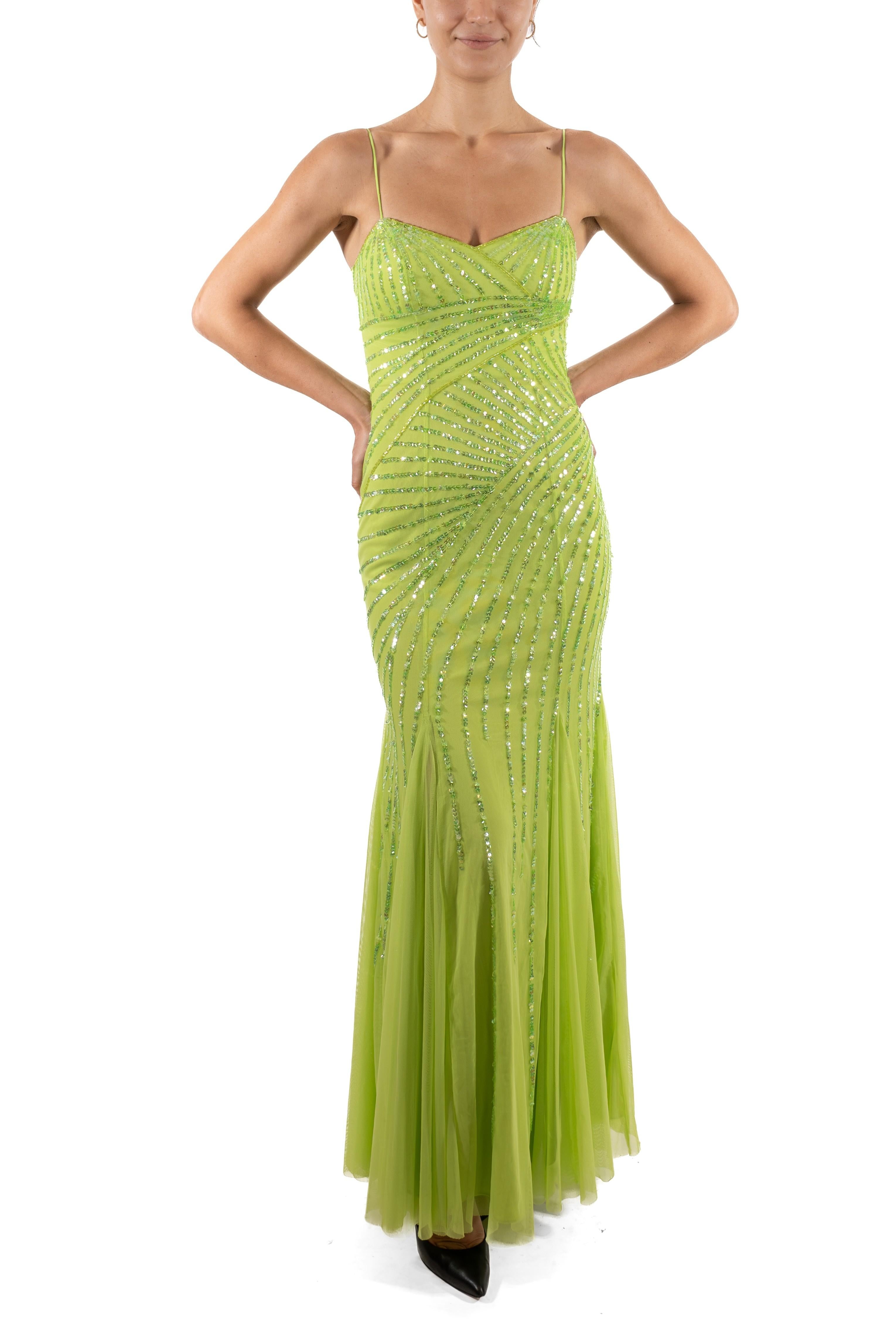 1990S - Robe en maille poly/nylon pailletée vert lime en vente 4