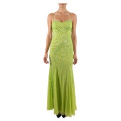 1990S Lime Green Sequined Poly/Nylon Mesh Gown