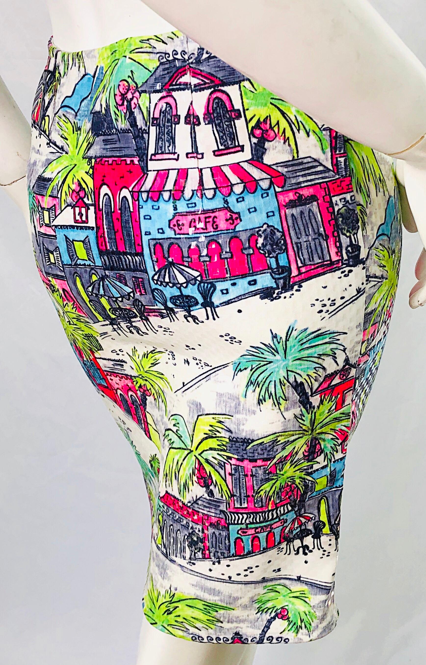 1990s Linda Segal Sequined Novelty Print Neon Tropical Colorful Pencil Skirt For Sale 2