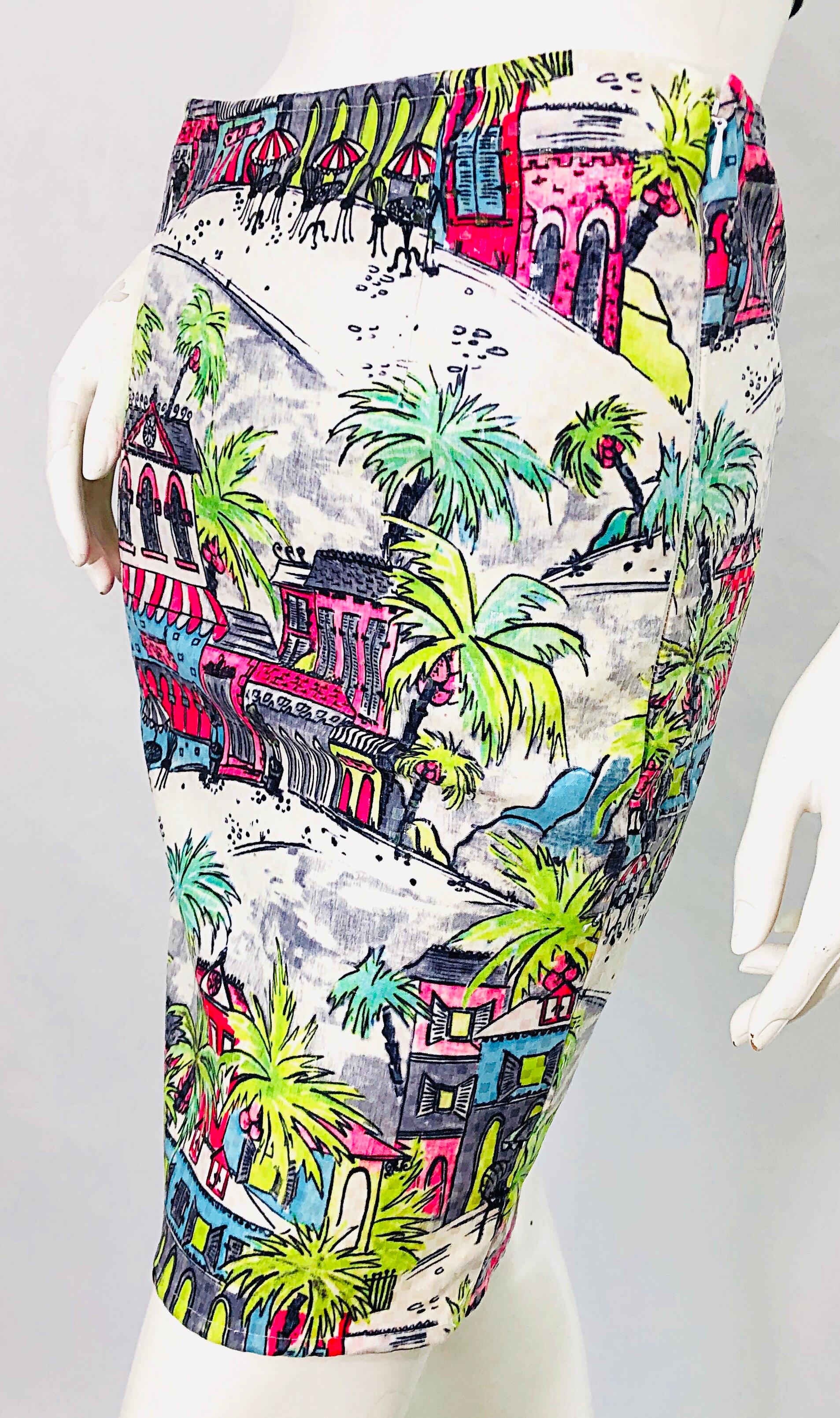 1990s Linda Segal Sequined Novelty Print Neon Tropical Colorful Pencil Skirt For Sale 3