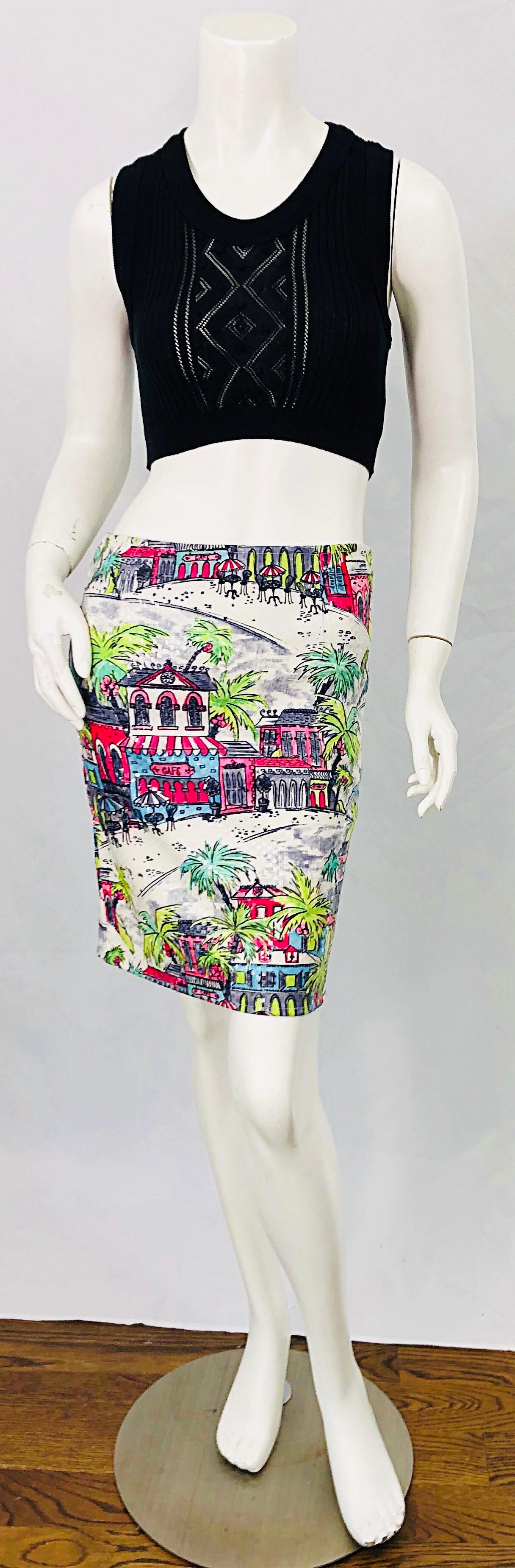 Fun 1990s LINDAL SEGAL novelty tropical cafe print colorful neon sequin pencil cotton / elastane skirt! Linda Segal pieces were often featured on Fran Fine ( Fran Drescher ) on, 