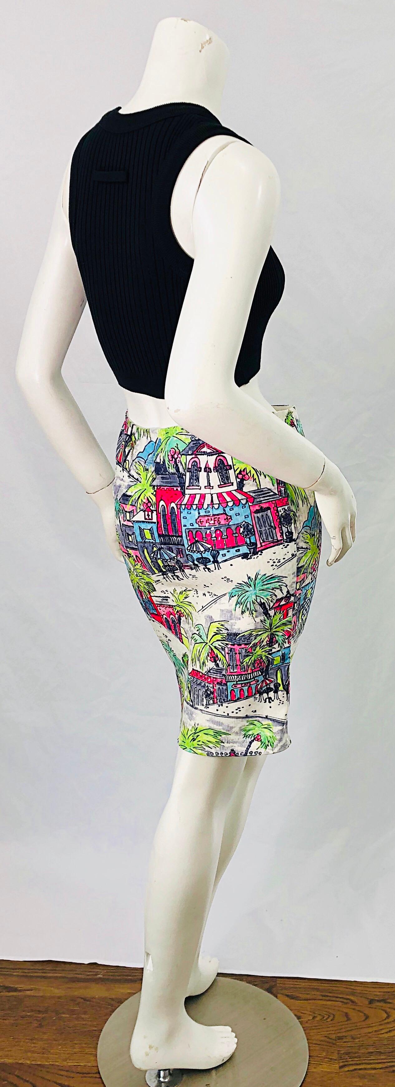 Linda Segal - Jupe crayon à sequins, imprimé fantaisie, couleur fluo, tropicale, à sequins, années 1990 Pour femmes en vente