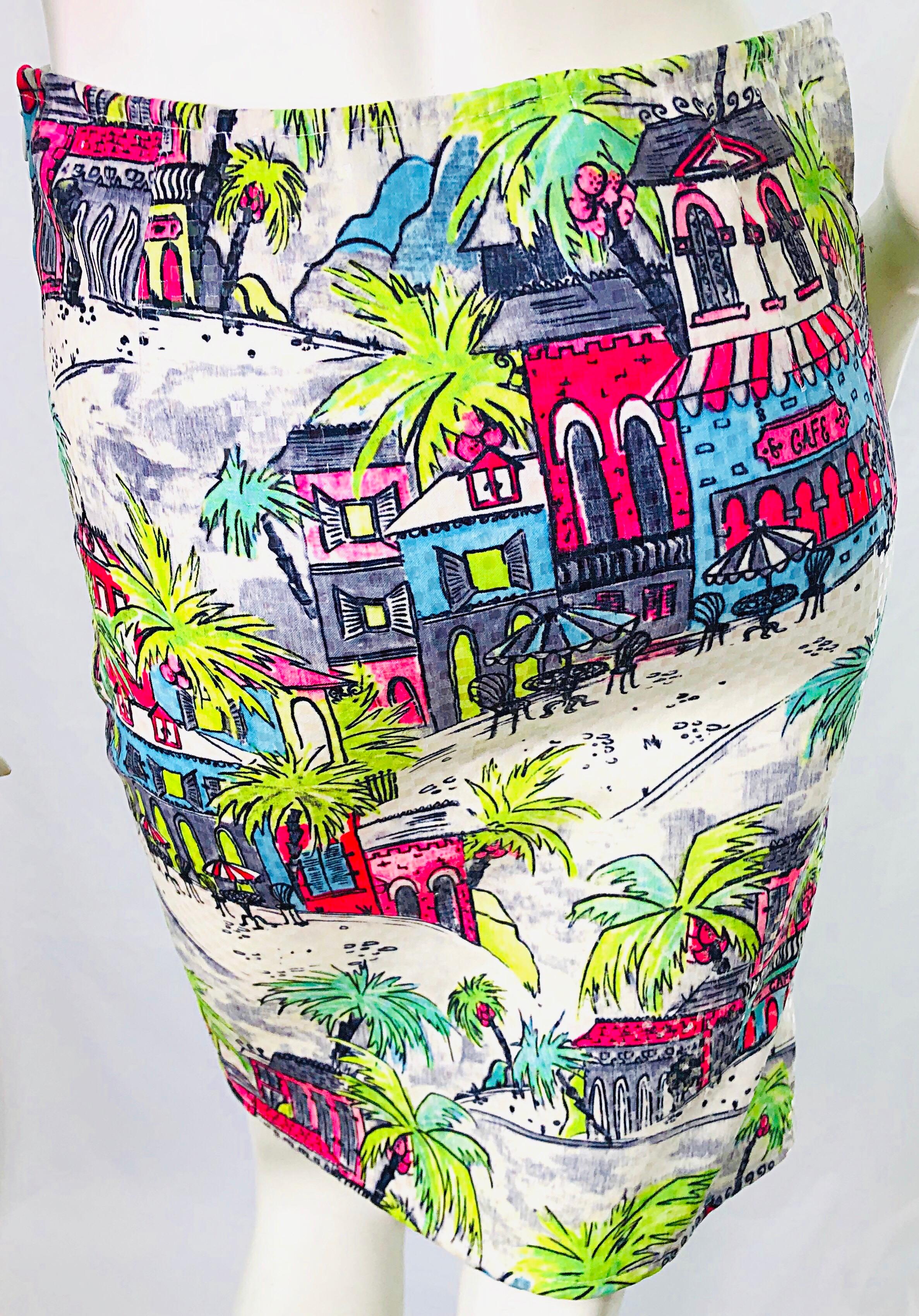 Women's 1990s Linda Segal Sequined Novelty Print Neon Tropical Colorful Pencil Skirt For Sale