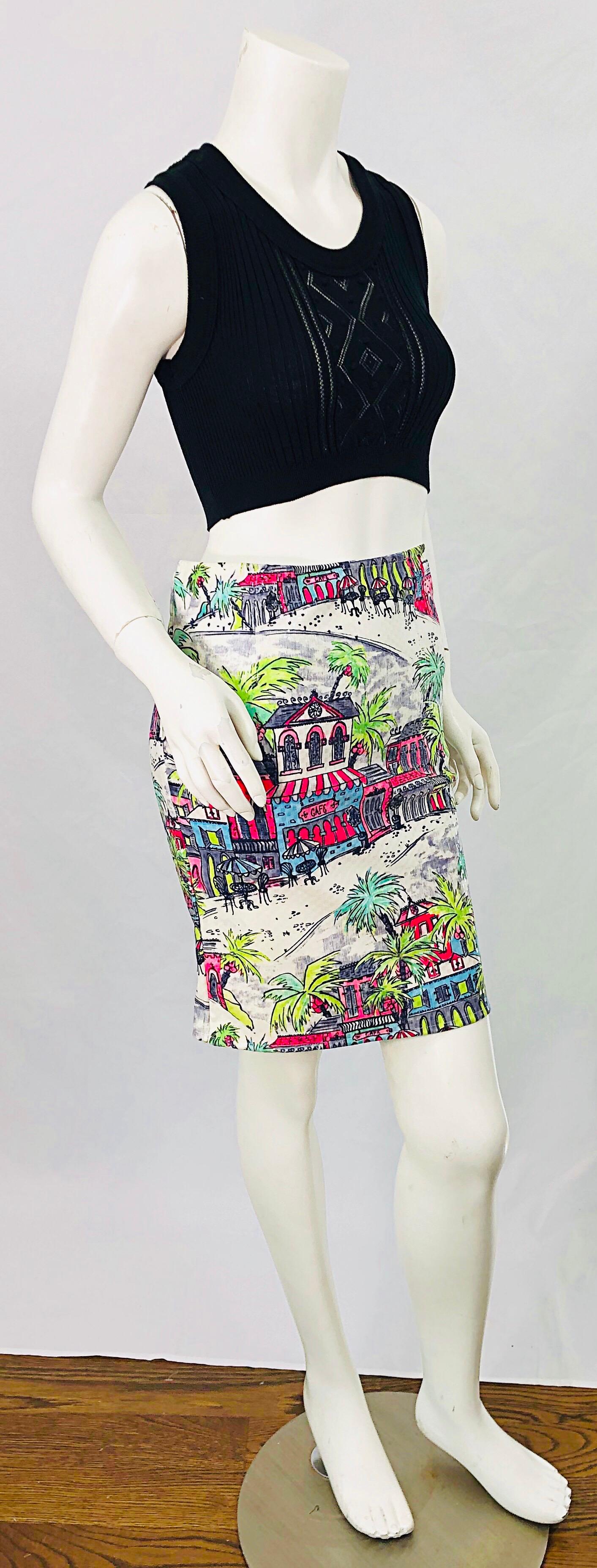 1990s Linda Segal Sequined Novelty Print Neon Tropical Colorful Pencil Skirt For Sale 1
