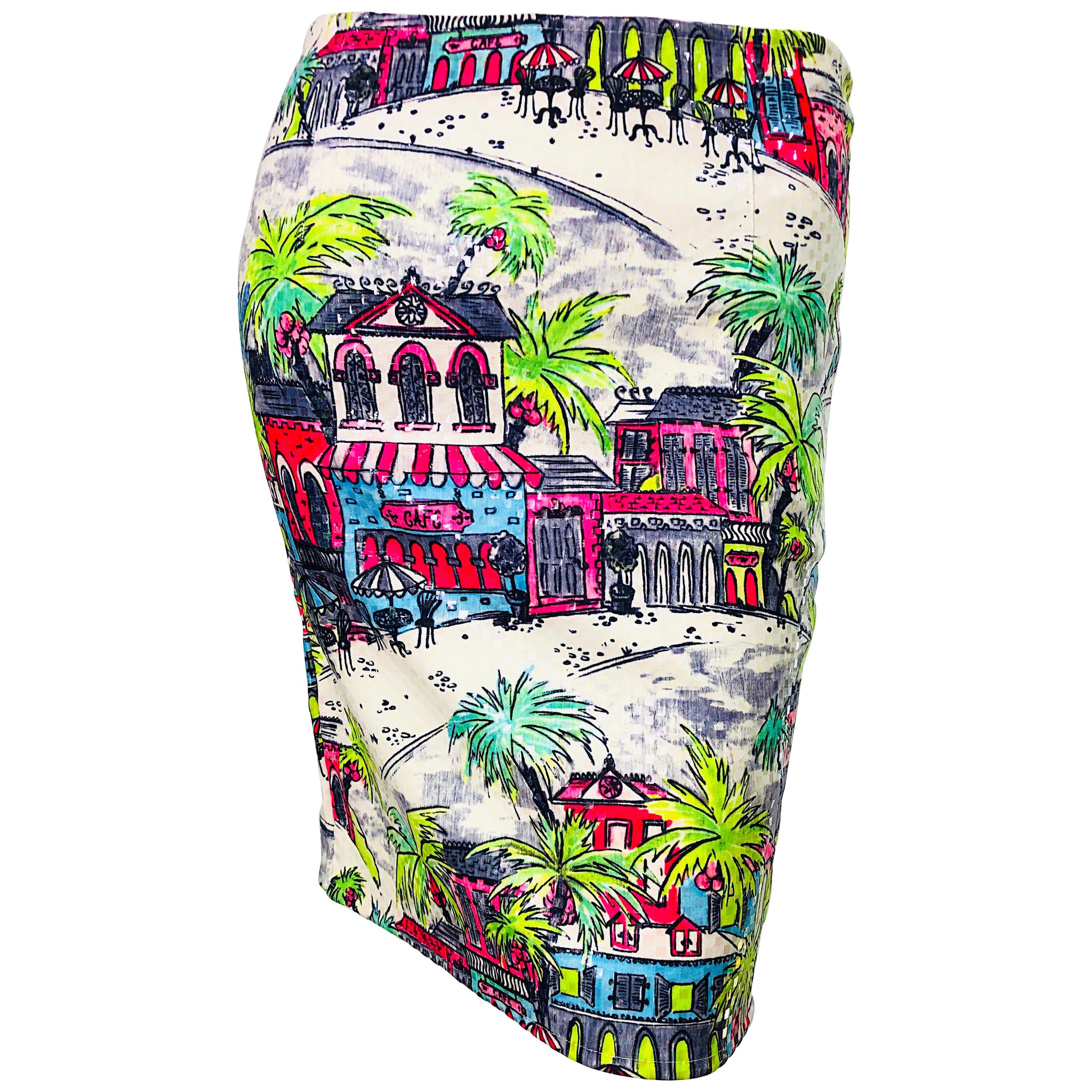 1990s Linda Segal Sequined Novelty Print Neon Tropical Colorful Pencil Skirt