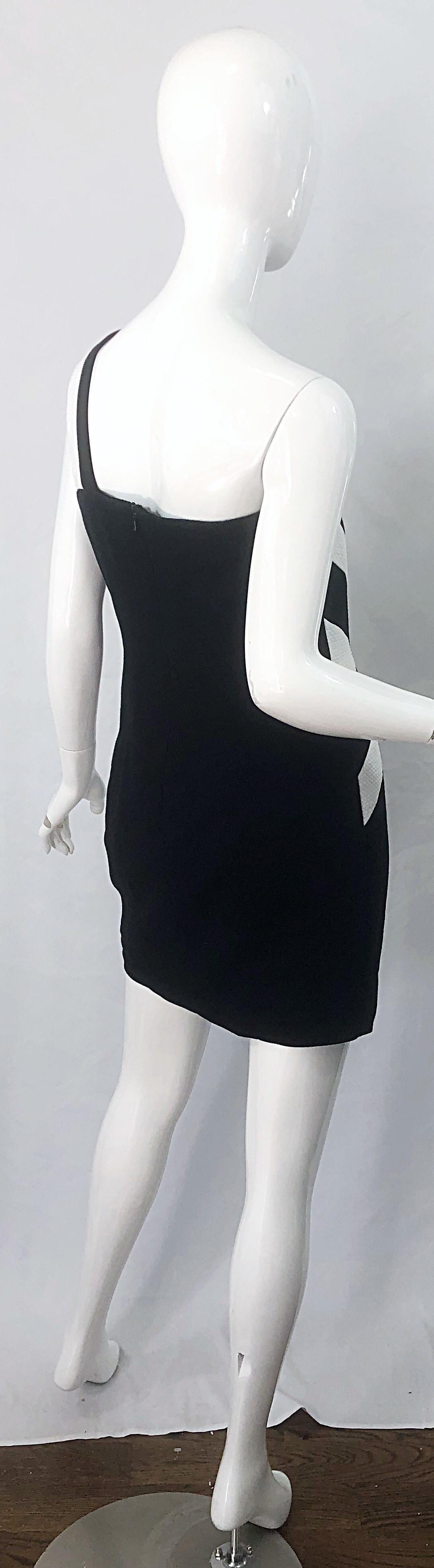 1990er Linda Segal Größe 10 Ein-Schulter-Kleid aus schwarzer und weißer Baumwolle, Vintage 90er im Zustand „Hervorragend“ im Angebot in San Diego, CA