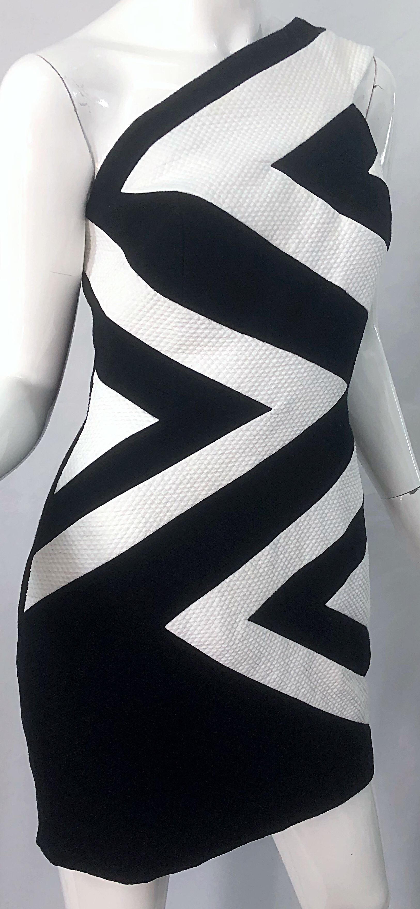 1990er Linda Segal Größe 10 Ein-Schulter-Kleid aus schwarzer und weißer Baumwolle, Vintage 90er im Angebot 4