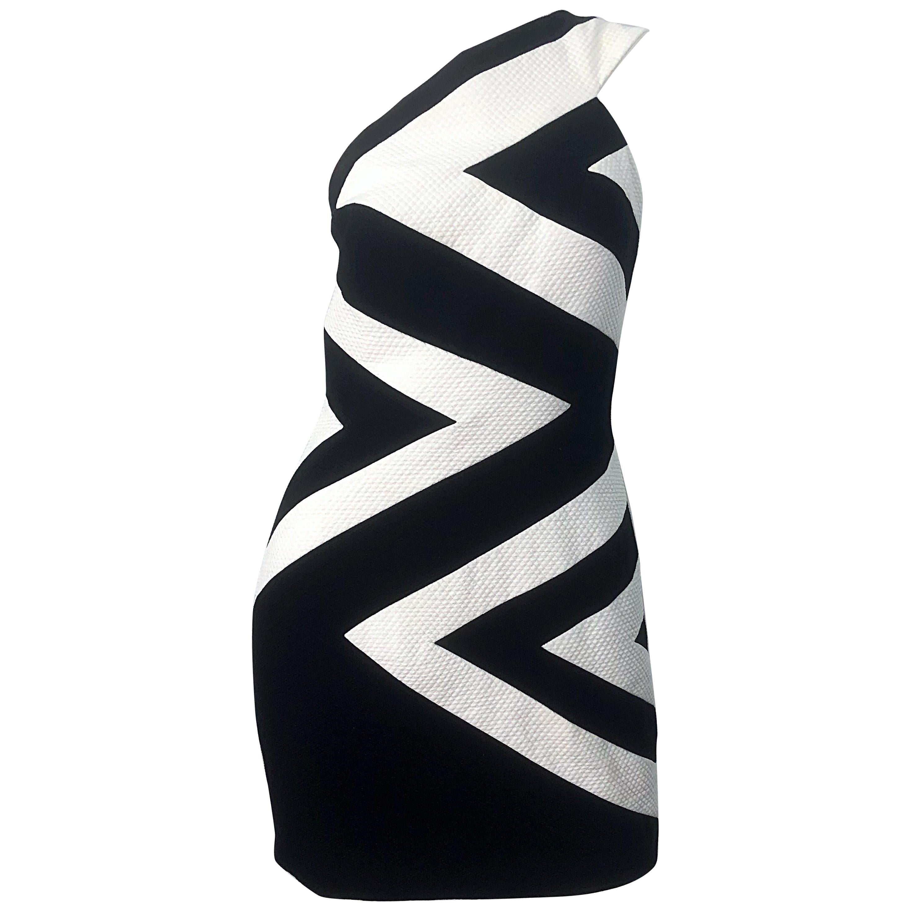 1990er Linda Segal Größe 10 Ein-Schulter-Kleid aus schwarzer und weißer Baumwolle, Vintage 90er im Angebot