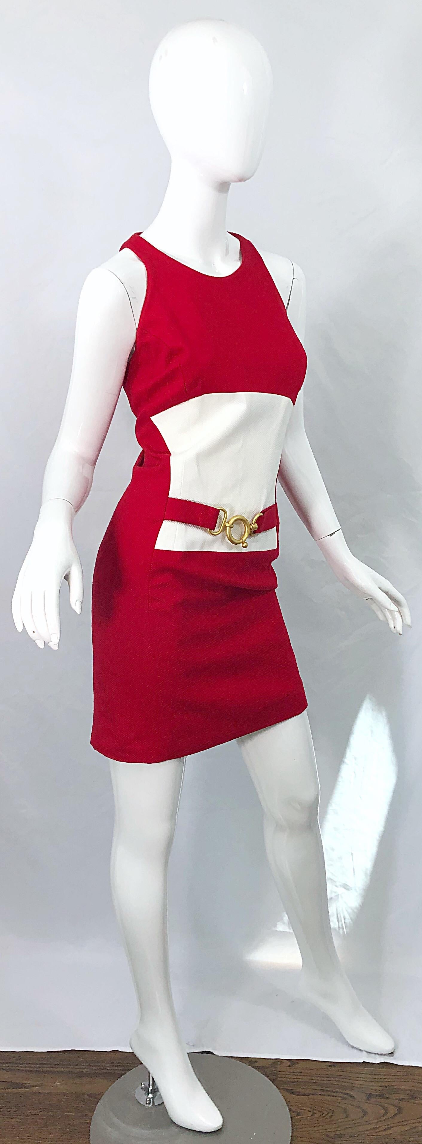 1990s Linda Segal Size 10 12 Red White Colorblock Pique Cotton Vintage 90s Dress For Sale 4